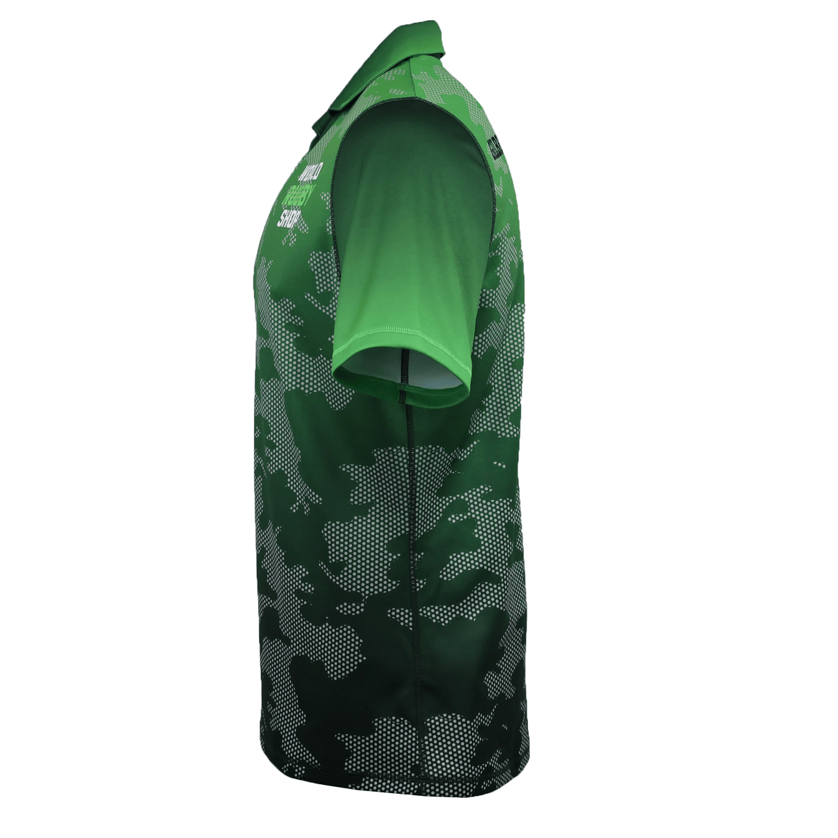 The Teamatical Gilbert Sublimated Pro Collared Jersey for men features a green short-sleeve design with a camouflage pattern, displayed in a side view.