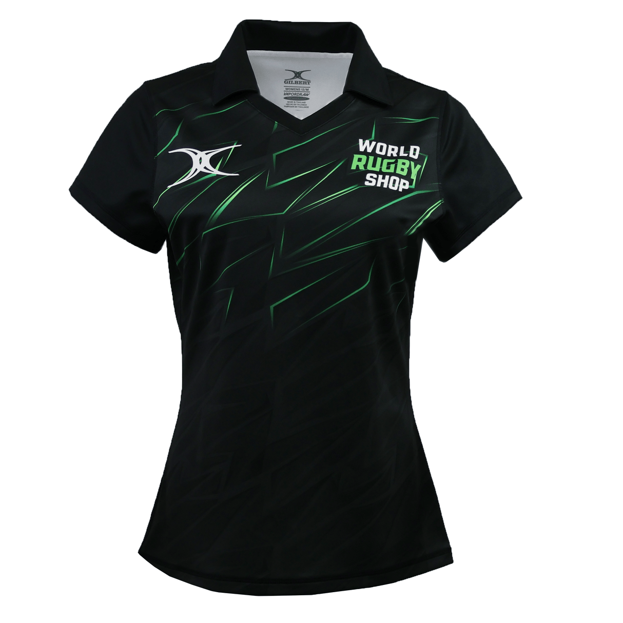 The Gilbert Sublimated Pro Collared Jersey - Womens by Teamatical is a black short-sleeve rugby jersey with green accents, featuring the "World Rugby Shop" logo on the chest and a white manufacturer logo on the left shoulder.