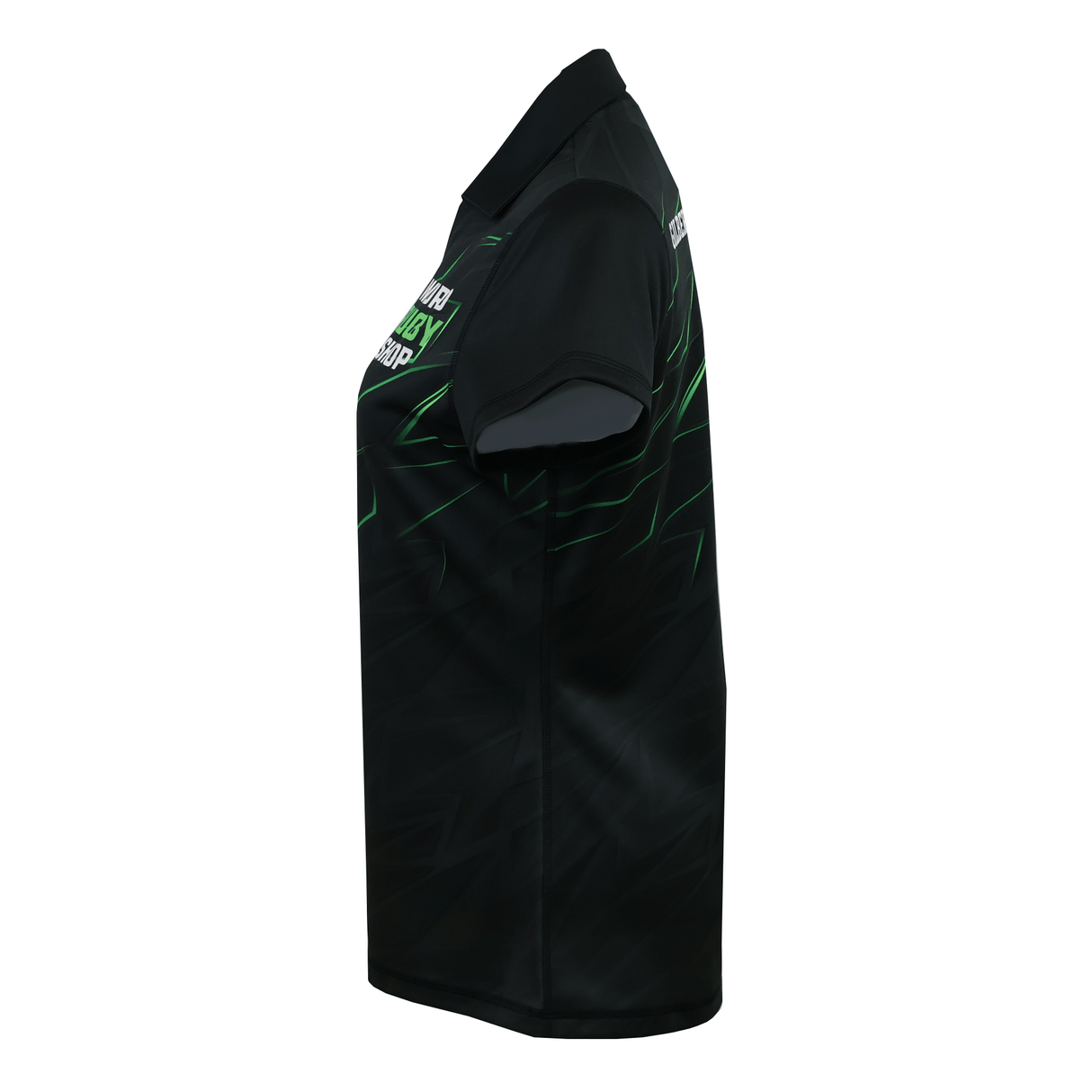 The Teamatical Gilbert Sublimated Pro Collared Jersey - Womens is a black short-sleeve polo featuring green graphic accents, displayed from the left side against a white background.