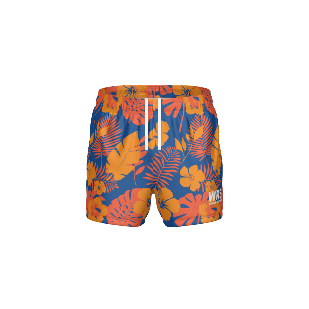 Colorful floral-patterned swim shorts on a white background