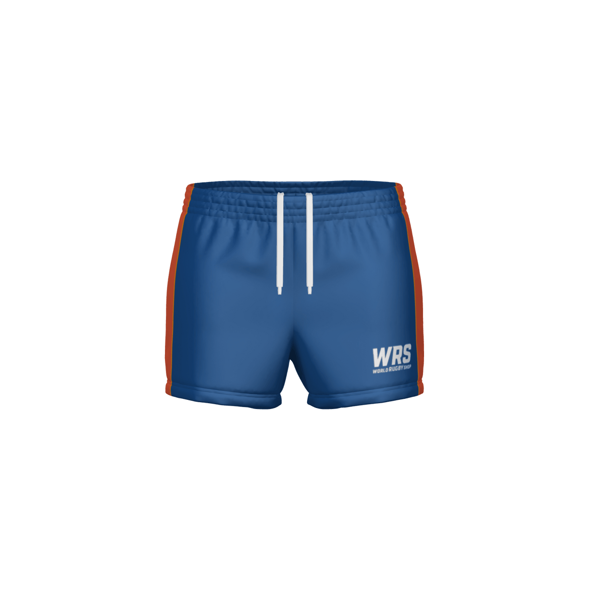 The WRS WOMENS PRO SHORT - CLEAN by Teamatical features blue fabric, red side stripes, white drawstrings, and a "WRS WORLD RUGBY SHOP" logo on the lower left thigh, shown against a plain white background.