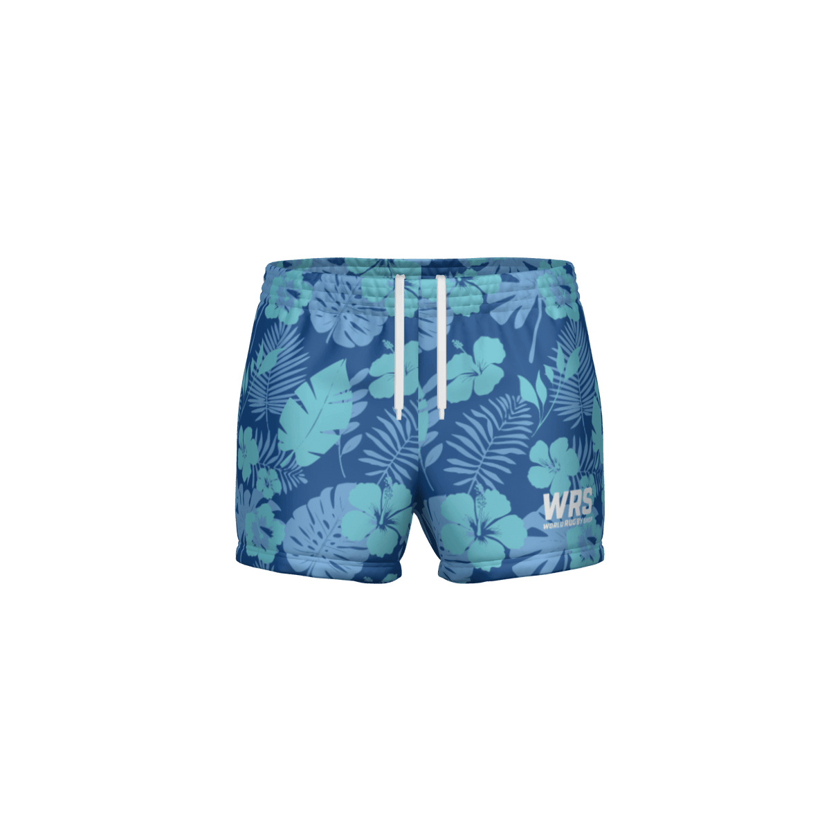 Blue floral-patterned swim shorts on a white background