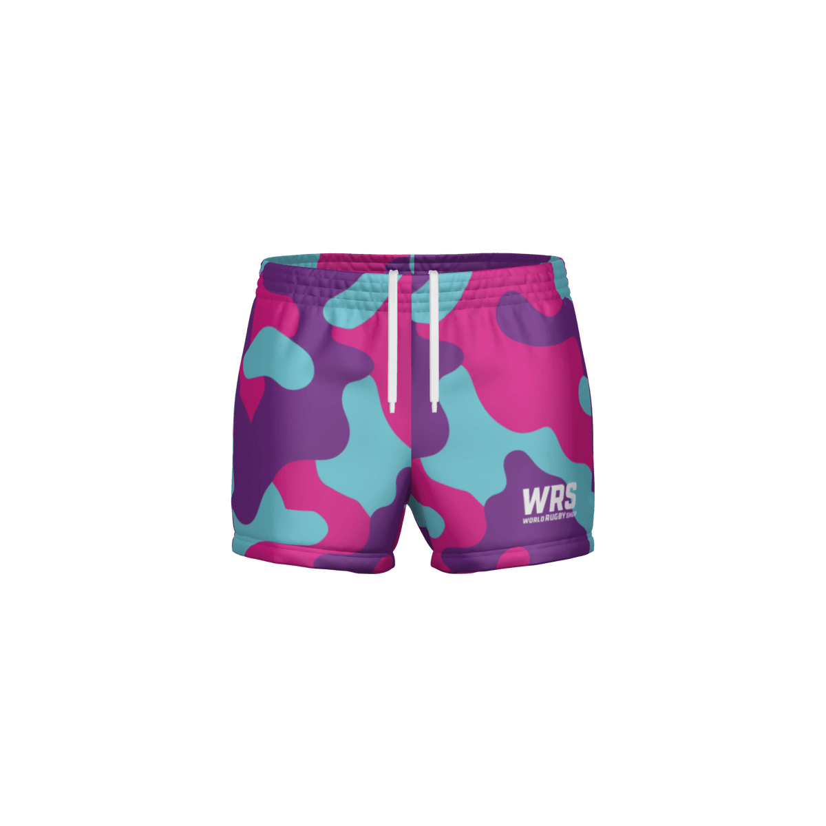 Colorful camouflage-patterned shorts with a visible brand logo on a white background