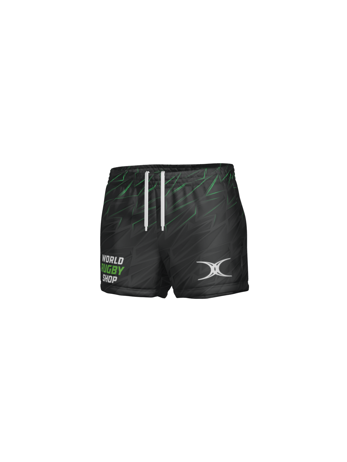 The Teamatical Gilbert Sublimated Pro Shorts - Womens feature green and gray diagonal accents, a white drawstring, "World Rugby Shop" and double crescent logos, and are made from durable stretch rip stop fabric.