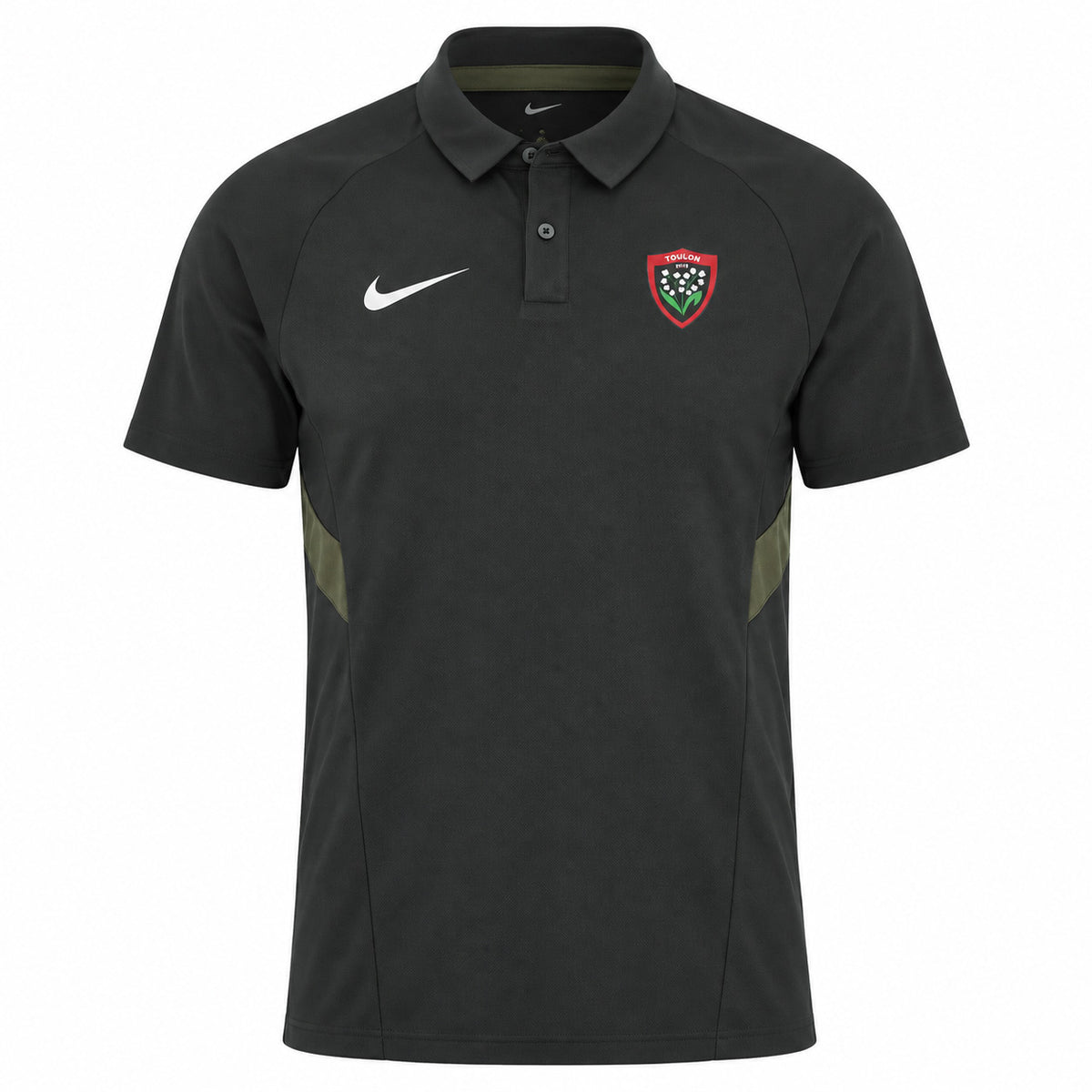 Black RC Toulon Training Polo by Nike with a dark green side panel, a white Nike swoosh on the right chest, and the team crest on the left.
