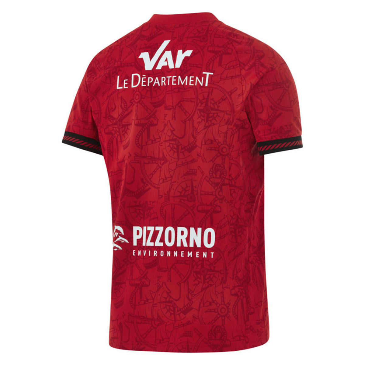 Back of the RC Toulon 26/27 Stadium Home Jersey by Nike in red with a tonal gear pattern, featuring white Var Le Département and Pizzorno Environnement logos.