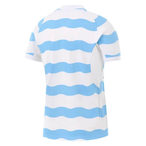 Back view of a short-sleeved Racing 92 26/27 Stadium Home Jersey by Nike with horizontal blue and white wavy stripes.