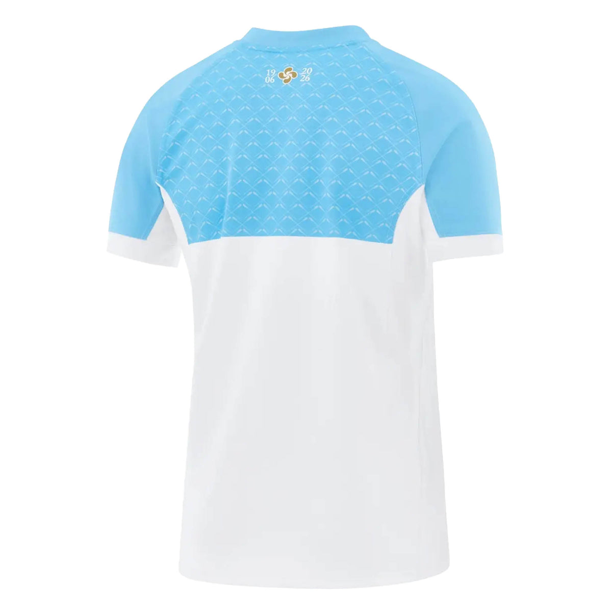 Back view of a white and light blue Aviron Bayonnais 26/27 Stadium Home Jersey by Nike, featuring a pattern on the upper back and a gold emblem below the collar.