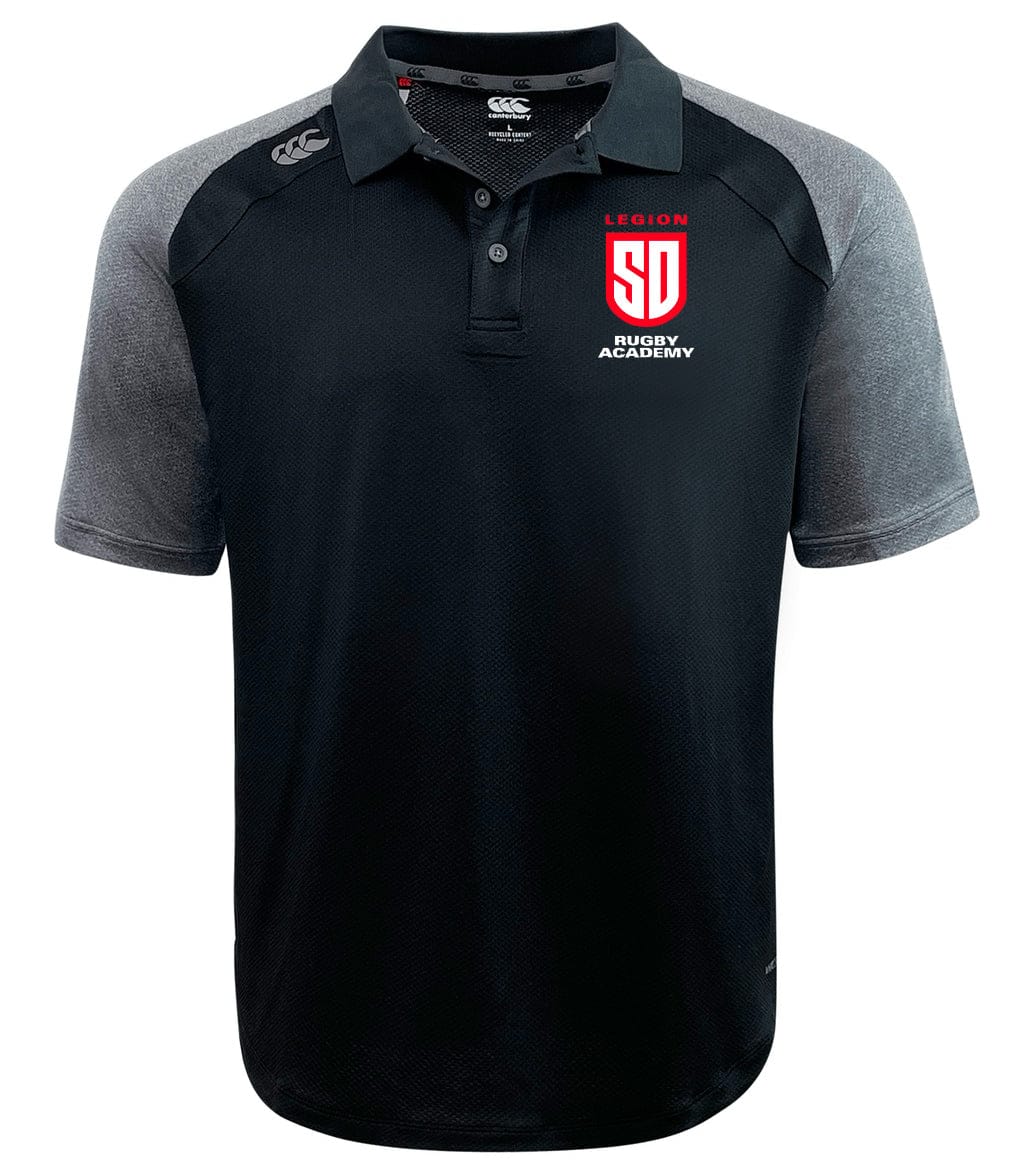 Discover the San Diego Legion Rugby Academy Elite Polo by EMB Canterbury: a black polo with gray sleeves, made from Vapodri fabric for lightweight durability. It features the "LEGION SD Rugby Academy" logo on the chest.