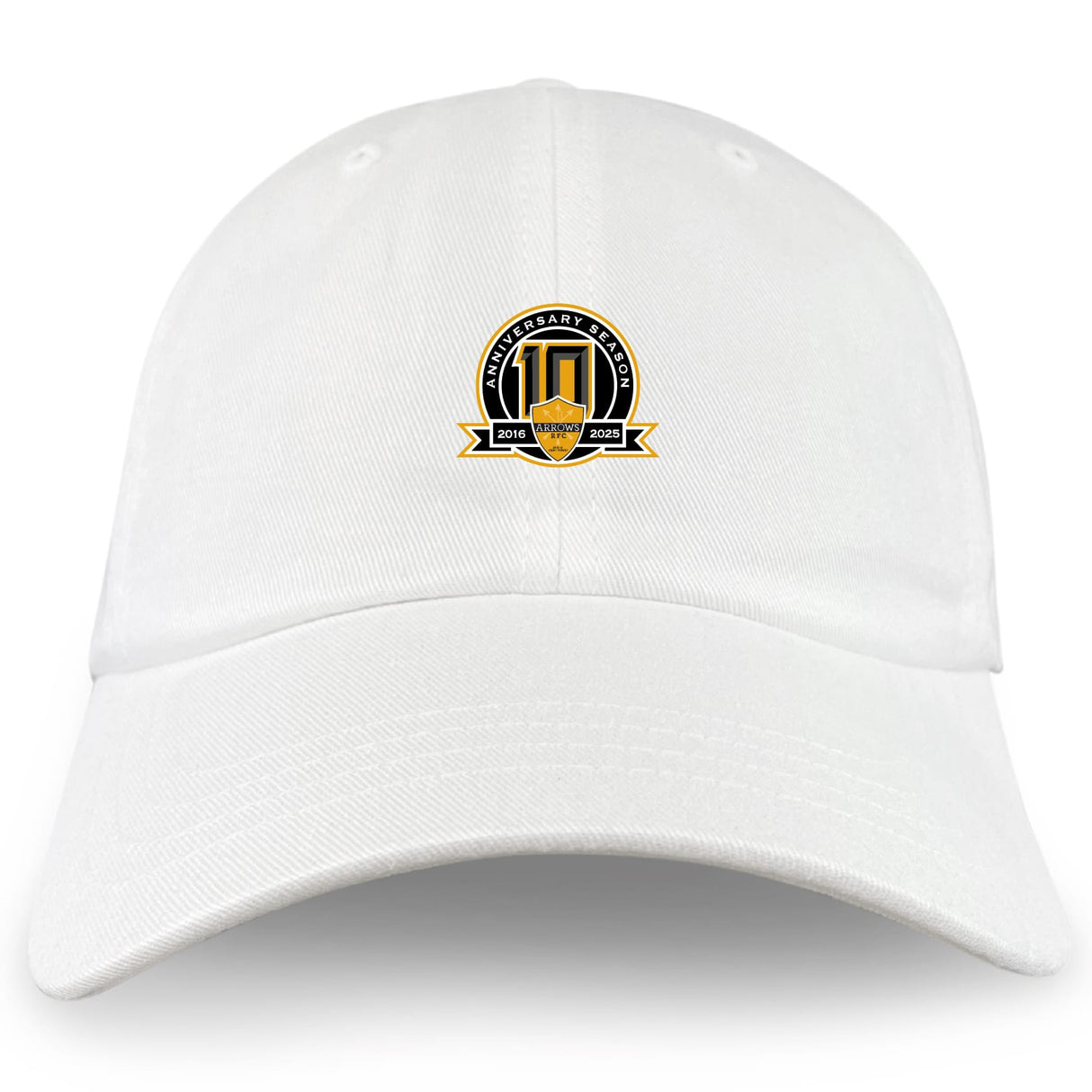 The Arrows Rugby Club 10th Anniversary Adult Low-Profile Cotton Twill Dad Cap by EMB S&S Activewear features a white cotton twill design with a gold and black "10th Anniversary Season 2014-2024" emblem embroidered front center.