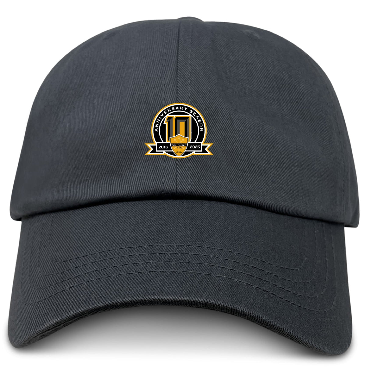 The Arrows Rugby Club 10th Anniversary Adult Low-Profile Cotton Twill Dad Cap by EMB S&S Activewear features a black twill design and gold/black emblem with 2013–2023 on the front in classic dad cap style.