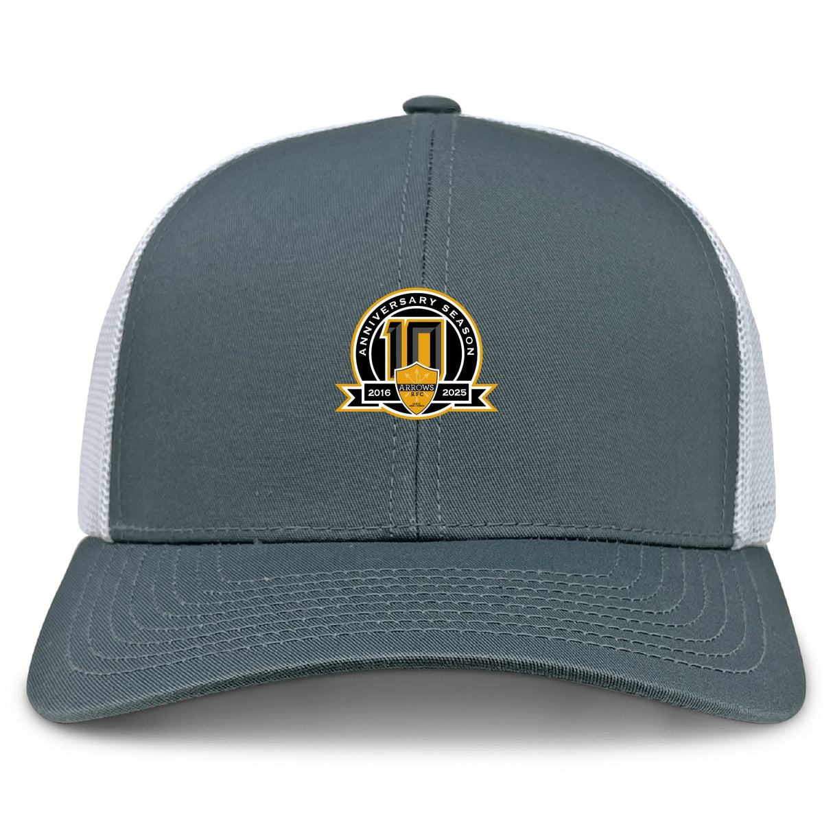 The Arrows Rugby Club 10th Anniversary Retro Trucker Cap by EMB S&S Activewear features a gray and white design, an embroidered black and gold "2003-2023" emblem on the front, and an adjustable snapback closure.