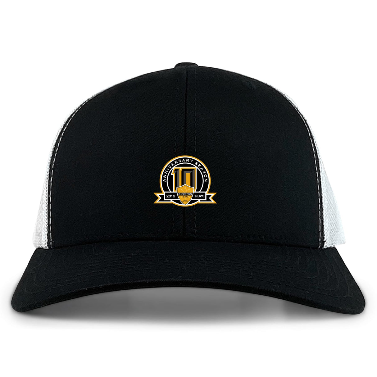 The EMB S&S Activewear Arrows Rugby Club 10th Anniversary Retro Trucker Cap is a black and white hat with a gold-accented circular embroidered front design and snapback closure.