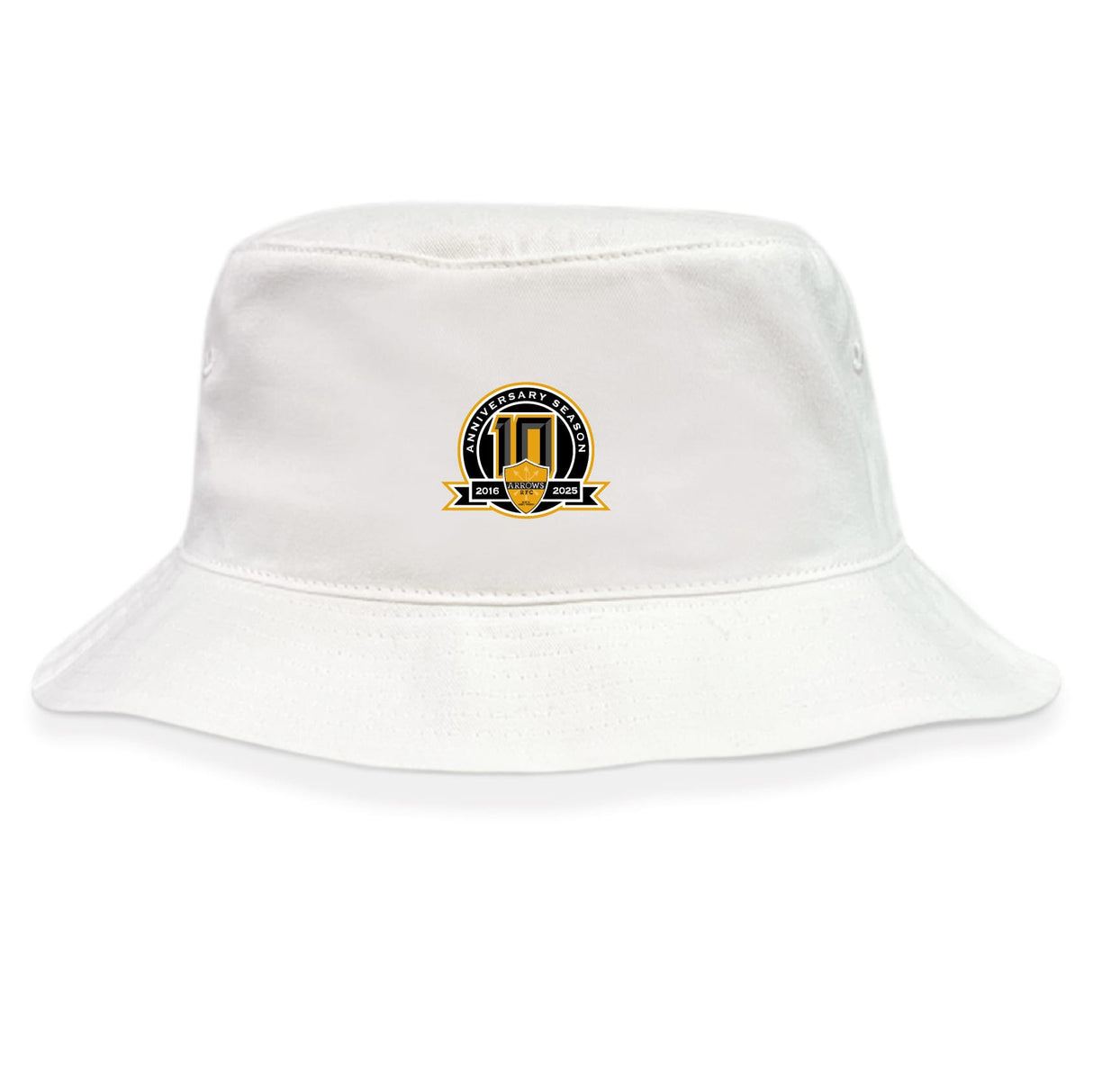 The Arrows Rugby Club 10th Anniversary Crusher Bucket Cap by EMB S&S Activewear is a white cotton twill hat featuring a black and gold emblem with "1923" and "2023" on the front, blending classic style with sun protection.