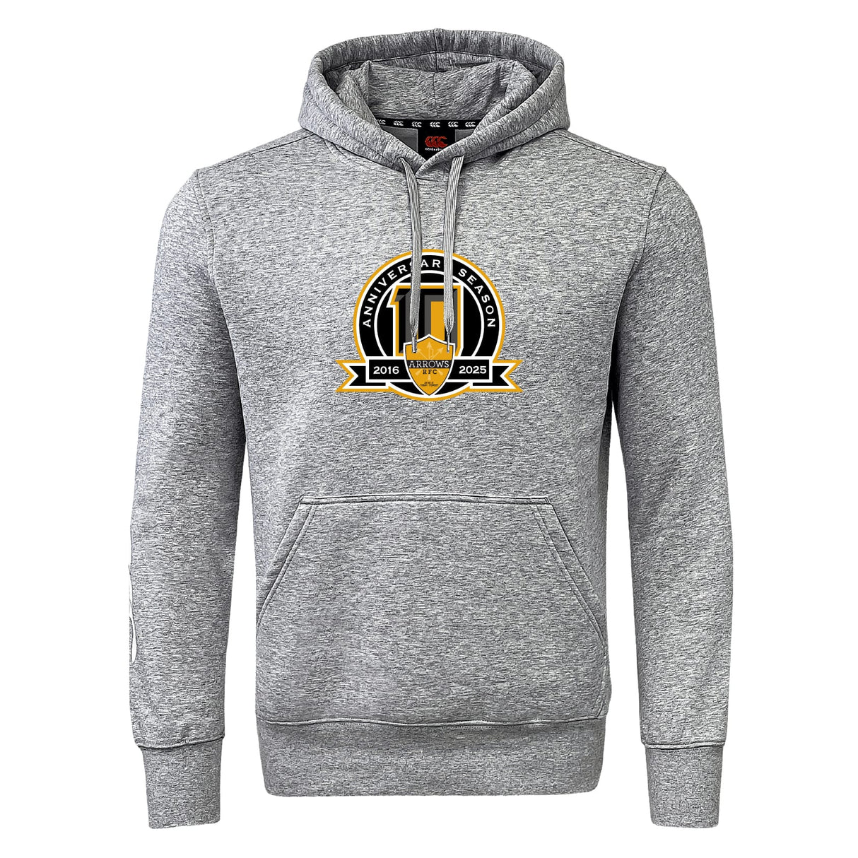 The Arrows Rugby Club 10th Anniversary Club Hoodie by WRS Canterbury is a gray hoodie with a front pocket and a chest emblem showing "2016 - 2025" and "Anniversary Season.