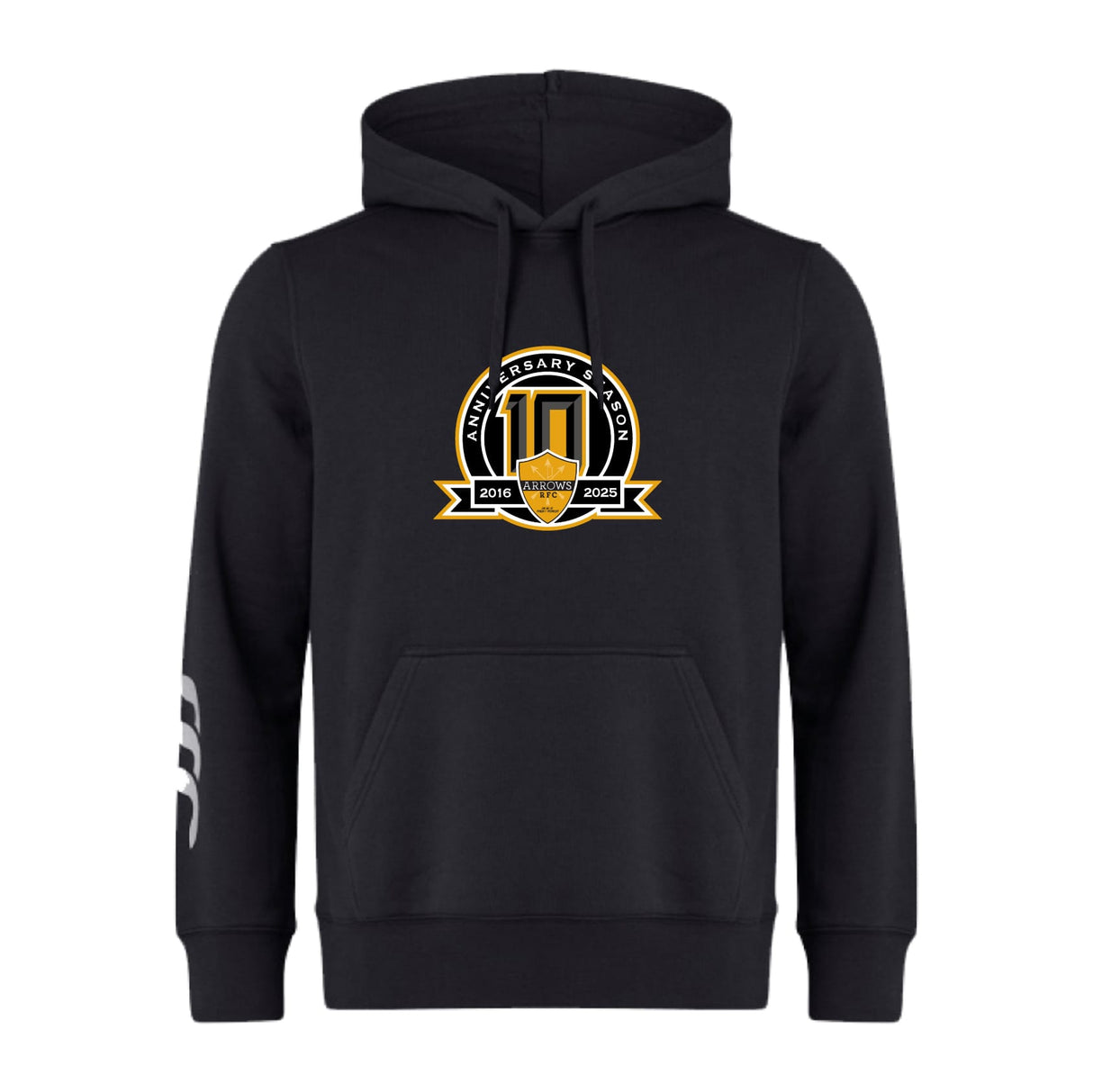 The Arrows Rugby Club 10th Anniversary Club Hoodie by WRS Canterbury features a gold and white emblem with "10th Anniversary" (2013–2023) and stylized "10" on the chest, plus a white stripe on the left sleeve.