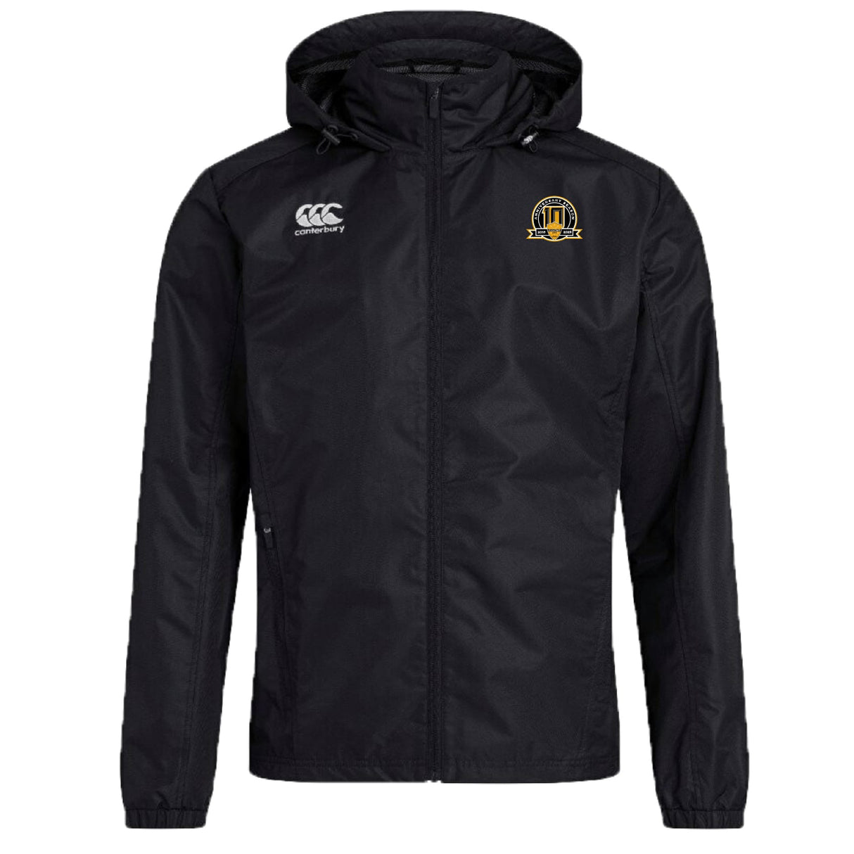 The Arrows Rugby Club 10th Anniversary Club Vaposhield Stadium Jacket by EMB Canterbury is a black hooded jacket with a zip front, Canterbury logo right chest, embroidered crest left chest, and padded insulation for extra warmth.