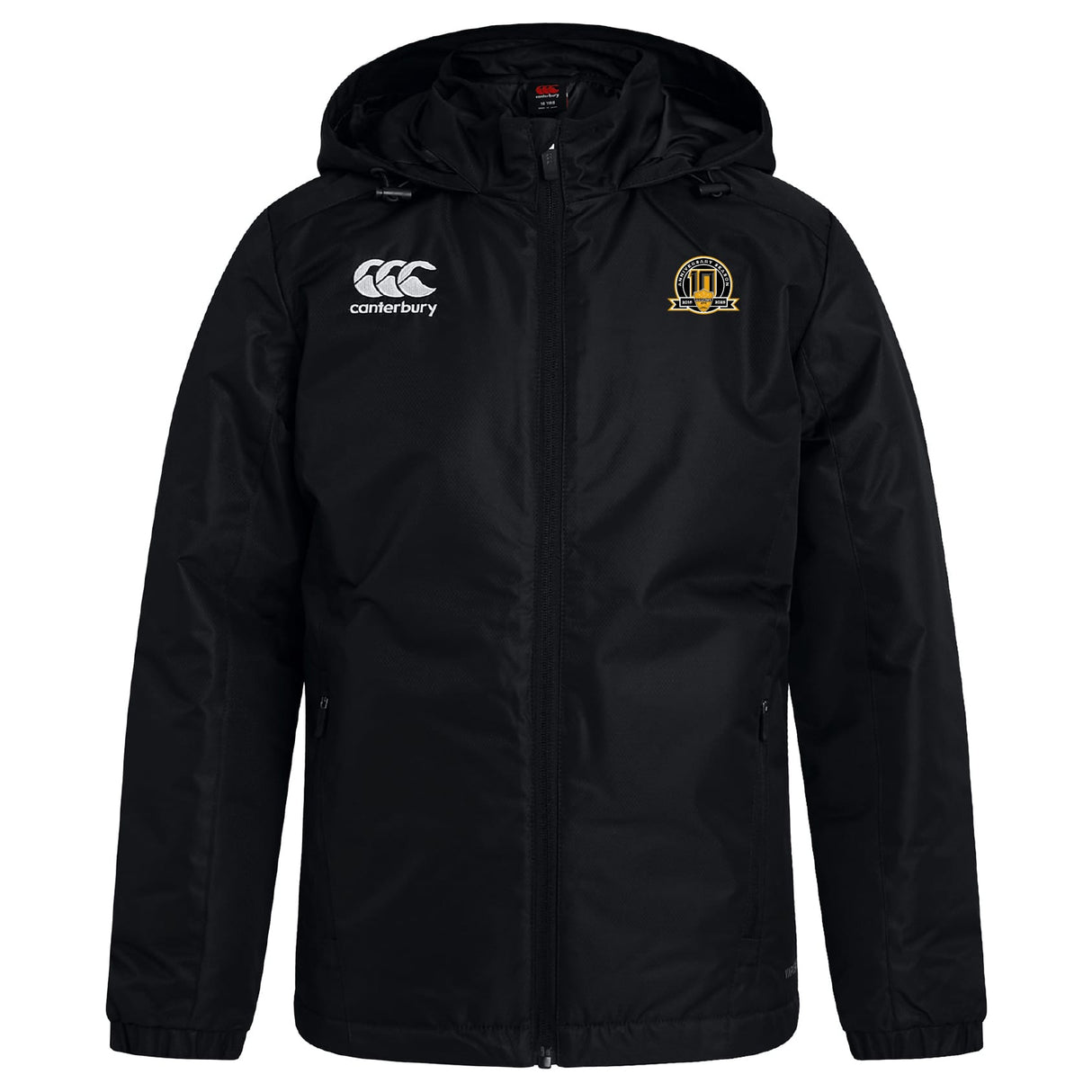 The Arrows Rugby Club 10th Anniversary Vaposhield Full Zip Rain Jacket by EMB Canterbury features a black design with hood, front zipper, right-chest Canterbury logo, left gold crest emblem, and VapoShield tech for water resistance.