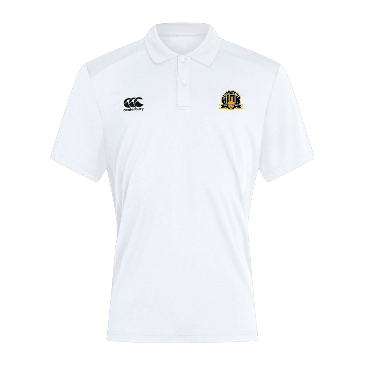 The Arrows Rugby Club 10th Anniversary Club Dry Polo by EMB Canterbury is a white short-sleeve polo with collar, Vapodri Technology, a black Canterbury logo on the right chest, and a yellow-and-black crest on the left chest.