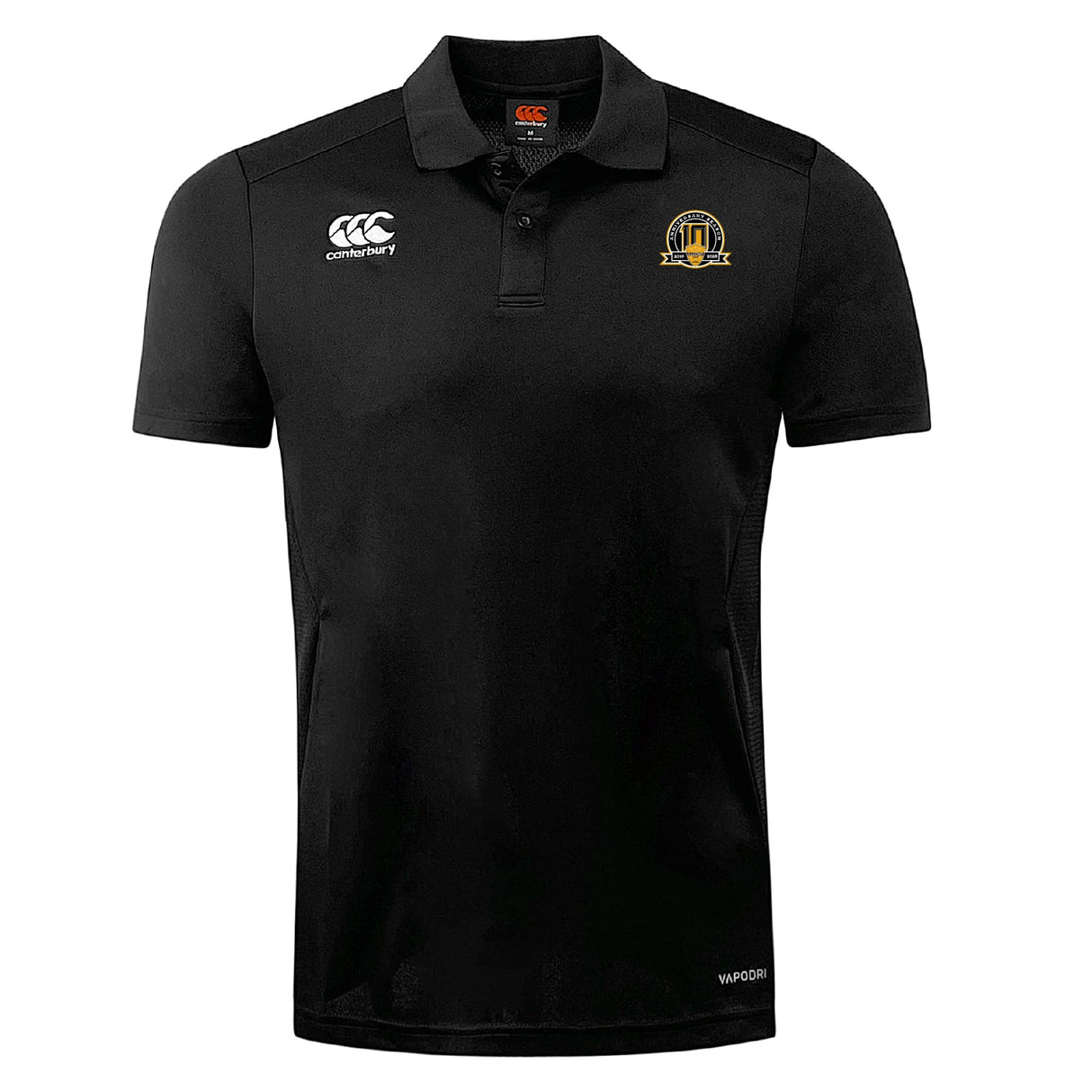 The Arrows Rugby Club 10th Anniversary Club Dry Polo by EMB Canterbury is a black short-sleeve polo with collar, two chest logos, three-button placket, and advanced Vapodri Technology for cool comfort.