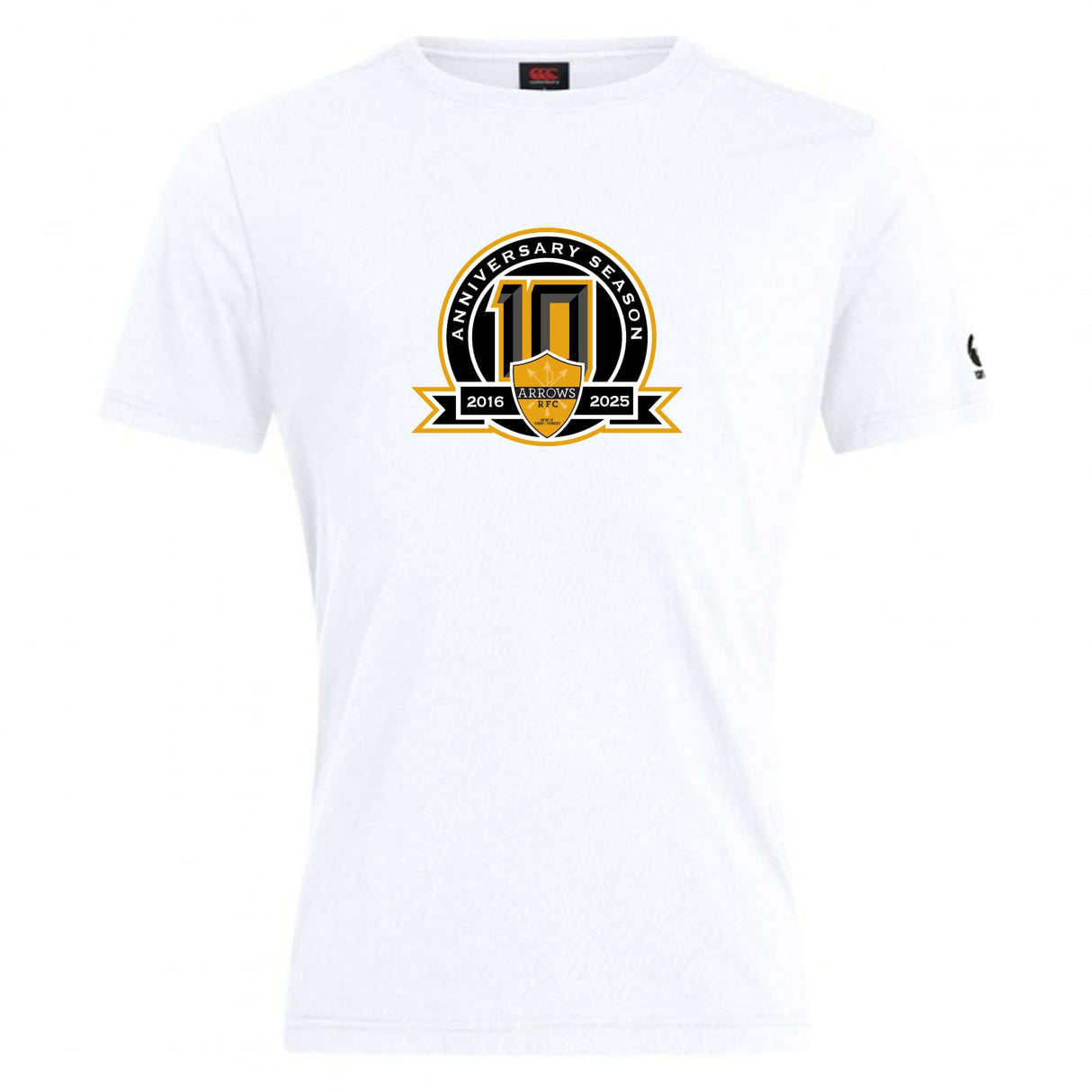 The Arrows Rugby Club 10th Anniversary Club Plain Tee by WRS Canterbury features a bold black and gold "10th Anniversary Season" logo with the years 2016–2025 on soft white cotton blend—a stylish, customizable commemorative t-shirt.