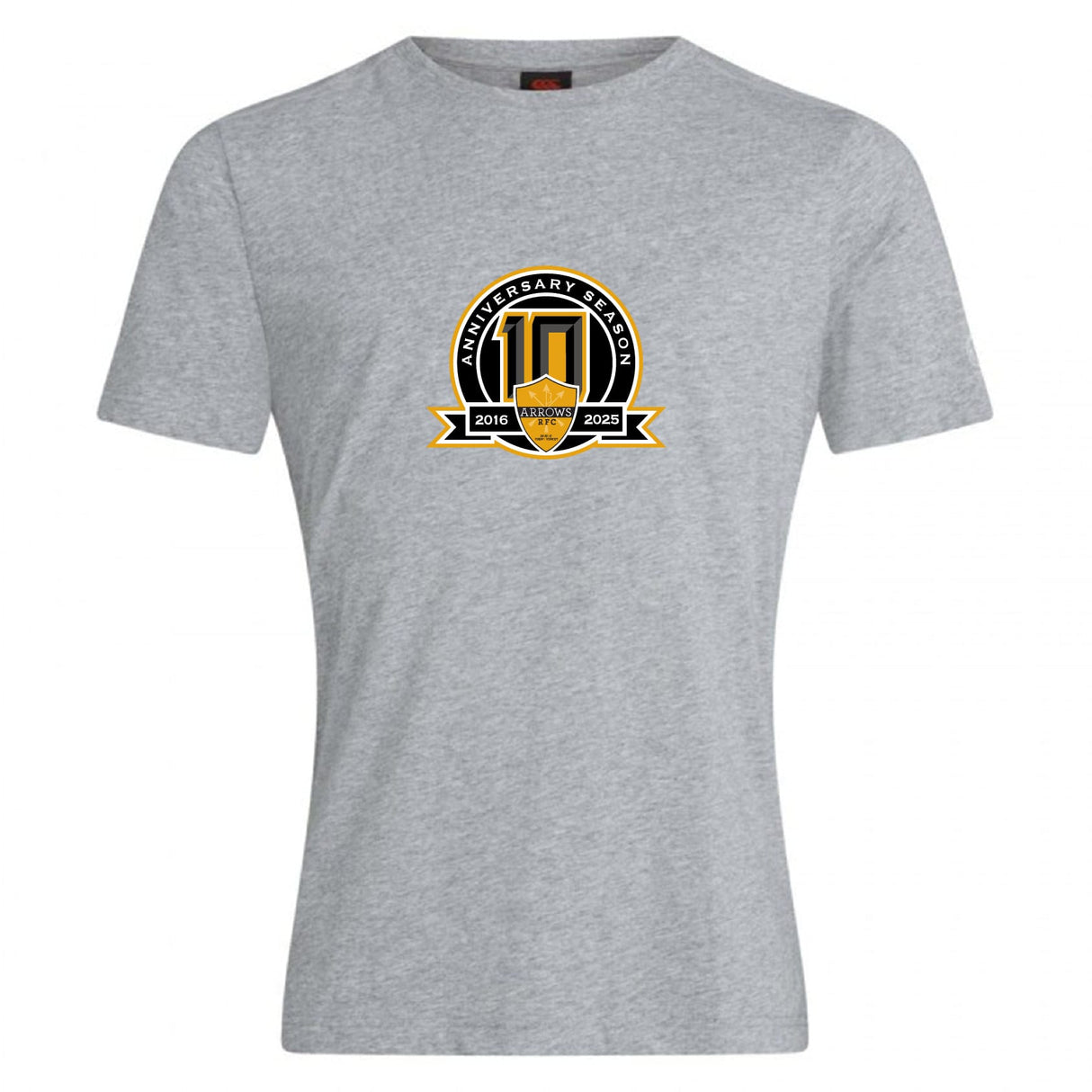 The WRS Canterbury Arrows Rugby Club 10th Anniversary Club Plain Tee is a grey cotton blend short-sleeve shirt with a central gold and black logo featuring the years 2016 and 2023. Customizable option available.