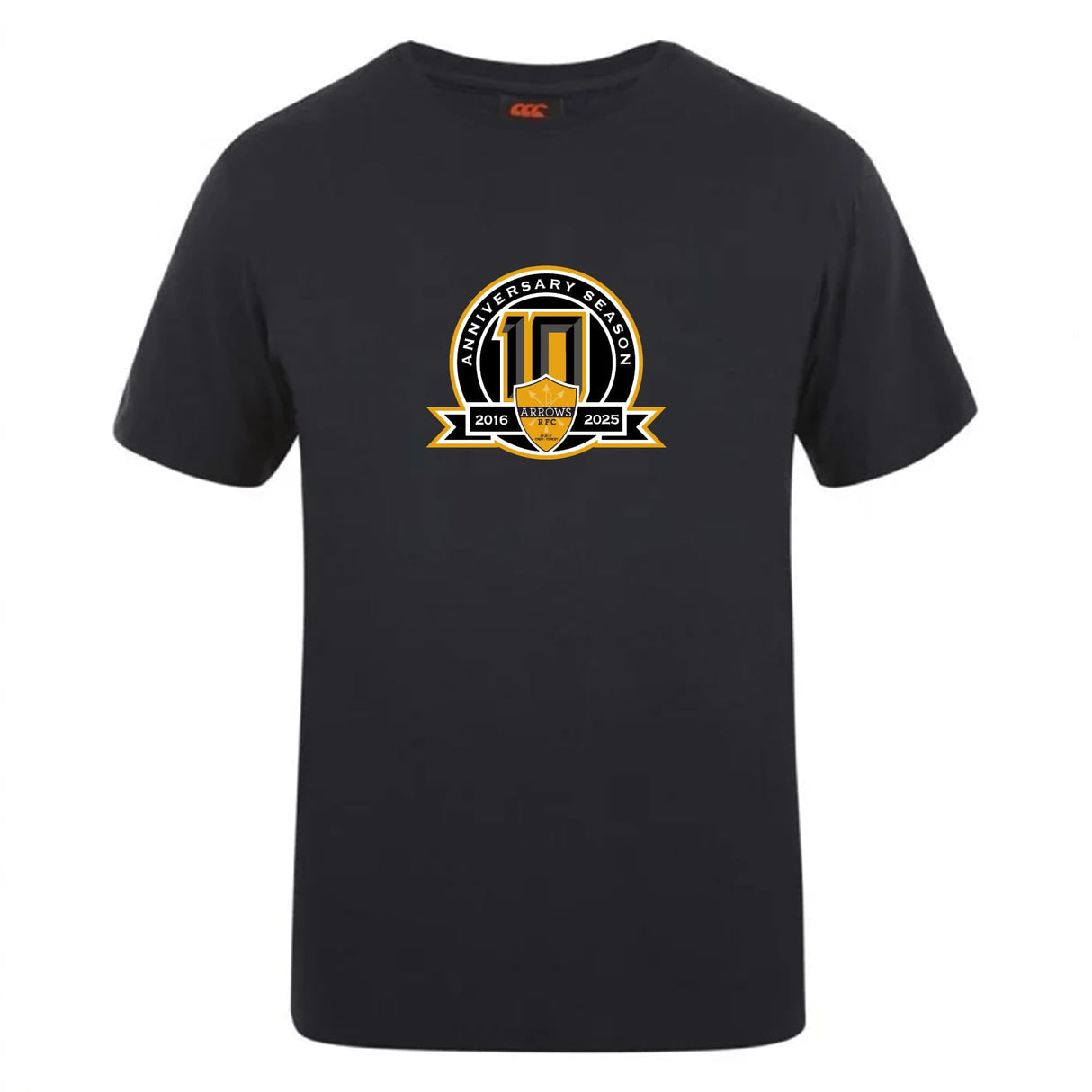 The Arrows Rugby Club 10th Anniversary Club Plain Tee by WRS Canterbury is a black cotton blend t-shirt featuring a gold and black anniversary logo with shield, ribbon, and the years 2016 and 2023.