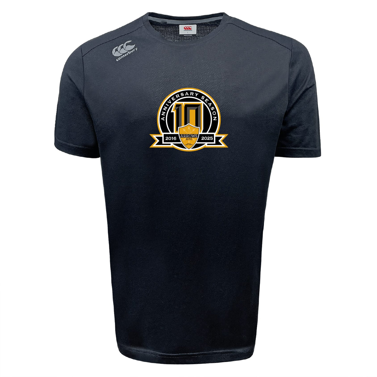 The Arrows Rugby Club 10th Anniversary Tempo Vapodri T-Shirt by WRS Canterbury is a black short-sleeve tee with a gold and black emblem reading "Anniversary Season 2016–2023" and logo on the shoulder. Moisture-wicking for comfort and style.