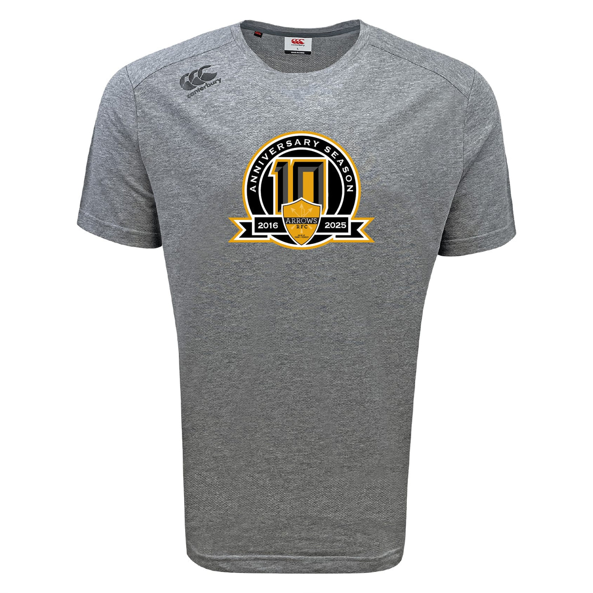 The Arrows Rugby Club 10th Anniversary Tempo Vapodri T-Shirt by WRS Canterbury is a gray short-sleeve tee with a gold and black shield logo, “Anniversary Season,” and years 2016-2025 on a yellow ribbon. Moisture-wicking for peak athletic performance.