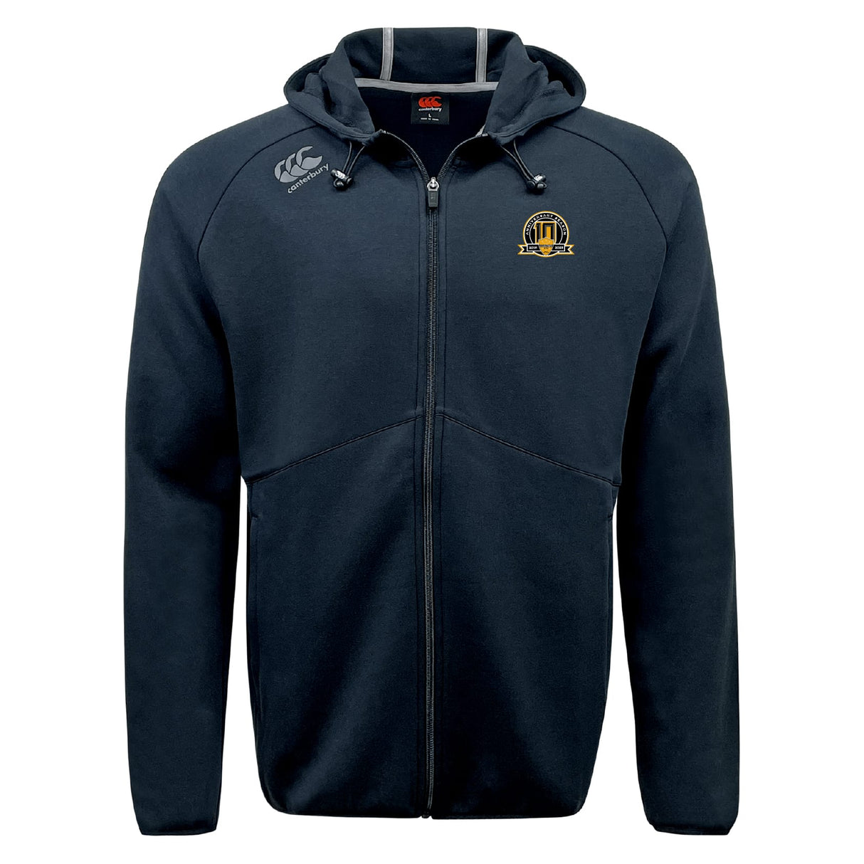 The Arrows Rugby Club 10th Anniversary Tempo Vapodri Full-Zip Hoodie by EMB Canterbury features a hood, two front pockets, a small embroidered logo on the left chest, and a white Canterbury logo on the right shoulder for style and comfort.