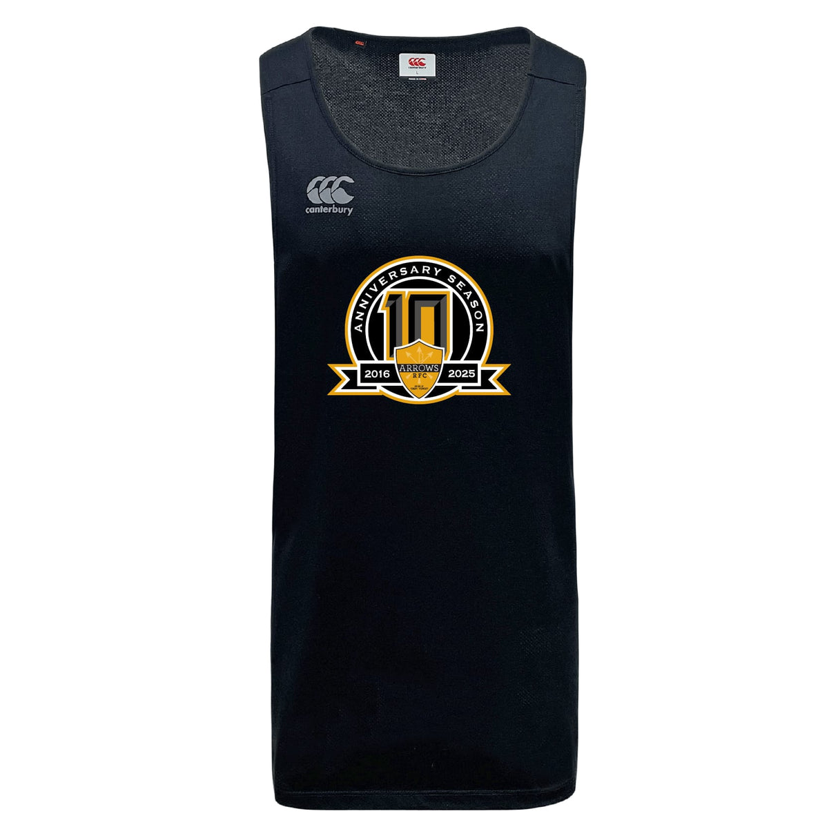 The Arrows Rugby Club 10th Anniversary Tempo Vapodri Singlet by WRS Canterbury is a black recycled polyester sleeveless jersey with a gold "2016-2025" anniversary badge and the manufacturer logo on the chest.