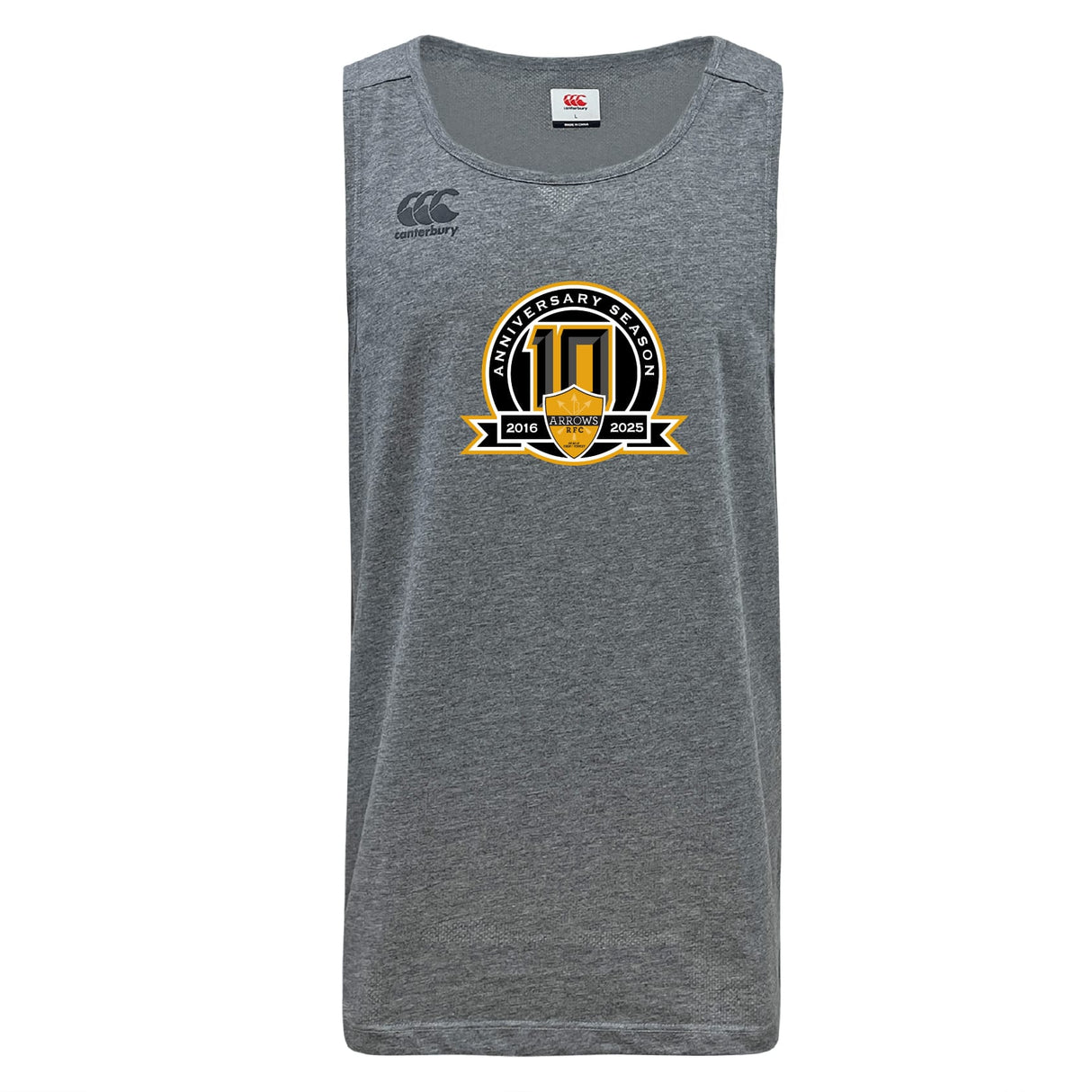 The Arrows Rugby Club 10th Anniversary Tempo Vapodri Singlet by WRS Canterbury is a gray, sleeveless singlet made from recycled polyester with a "10th Anniversary Season 2016–2025" chest logo and a Canterbury logo on the left shoulder.