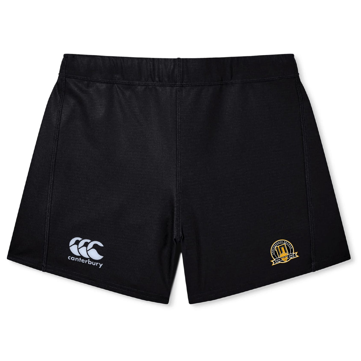 The Arrows Rugby Club 10th Anniversary Women's Yokohama Short by EMB Canterbury features a black design with the Canterbury logo on the left leg and a yellow embroidered crest on the right—ideal women's rugby shorts for comfort and style.