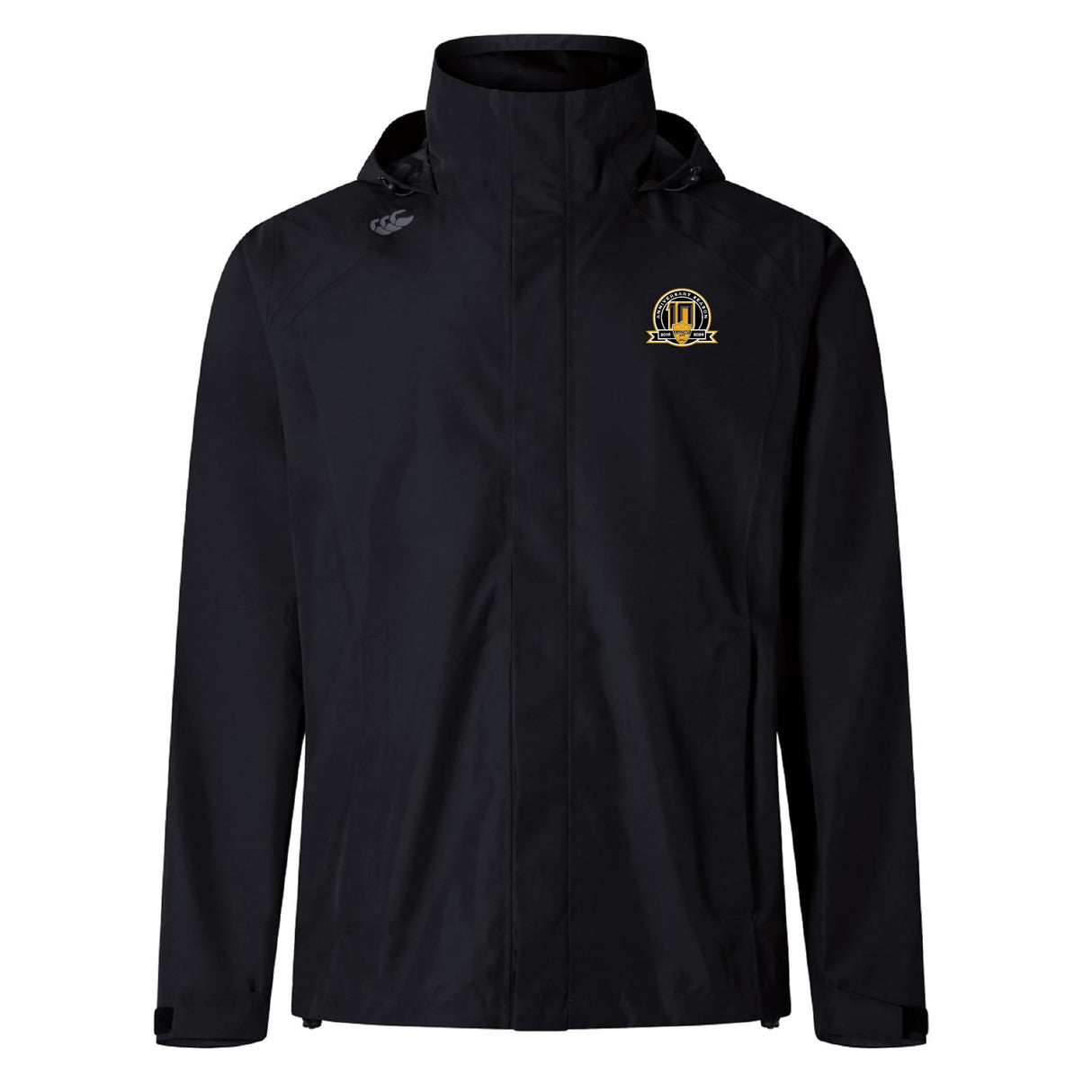 Stay comfortable at the game in the Arrows Rugby Club 10th Anniversary Elite Storm Jacket by EMB Canterbury, featuring a small embroidered yellow and white crest on the left chest and a subtle Canterbury logo on the right shoulder.