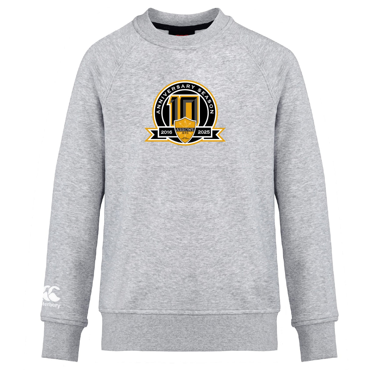 The Arrows Rugby Club 10th Anniversary Club Crew Sweatshirt by WRS Canterbury is a light gray, ultra soft sweatshirt with a "10th Anniversary Season 2016-2026" chest emblem and embroidered Canterbury logo on the left sleeve.