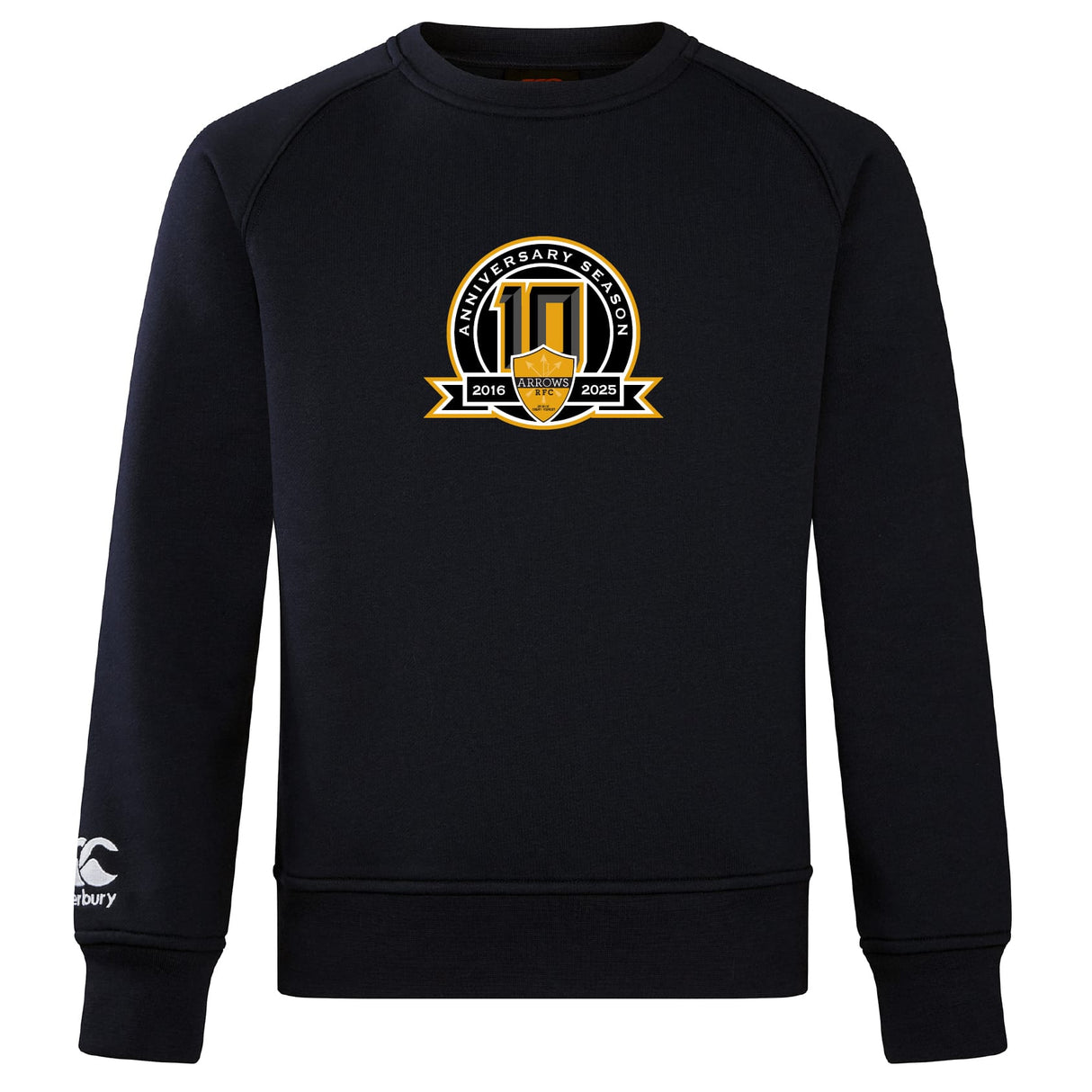 The Arrows Rugby Club 10th Anniversary Club Crew Sweatshirt by WRS Canterbury is a black ultra-soft sweatshirt with a "10th Anniversary Season 2015-2025" chest emblem and a small white Canterbury logo on the left sleeve.