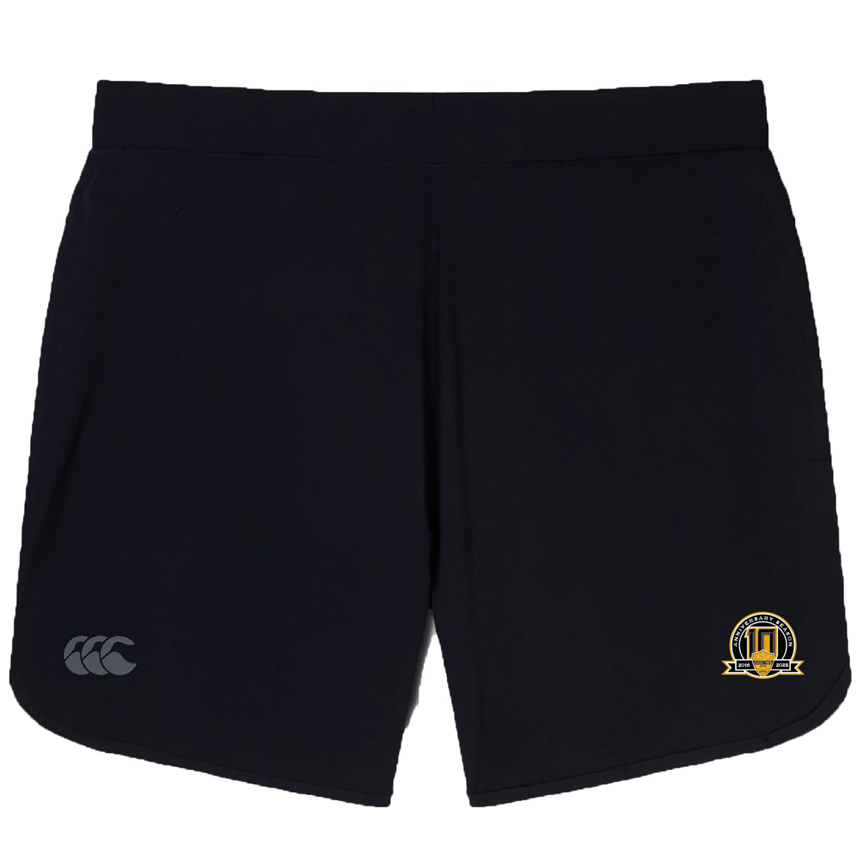 The Arrows Rugby Club 10th Anniversary Elite Woven Shorts by EMB Canterbury feature the CCC logo on the left leg, a yellow and black club emblem on the right, and zippered pockets for secure storage during training.