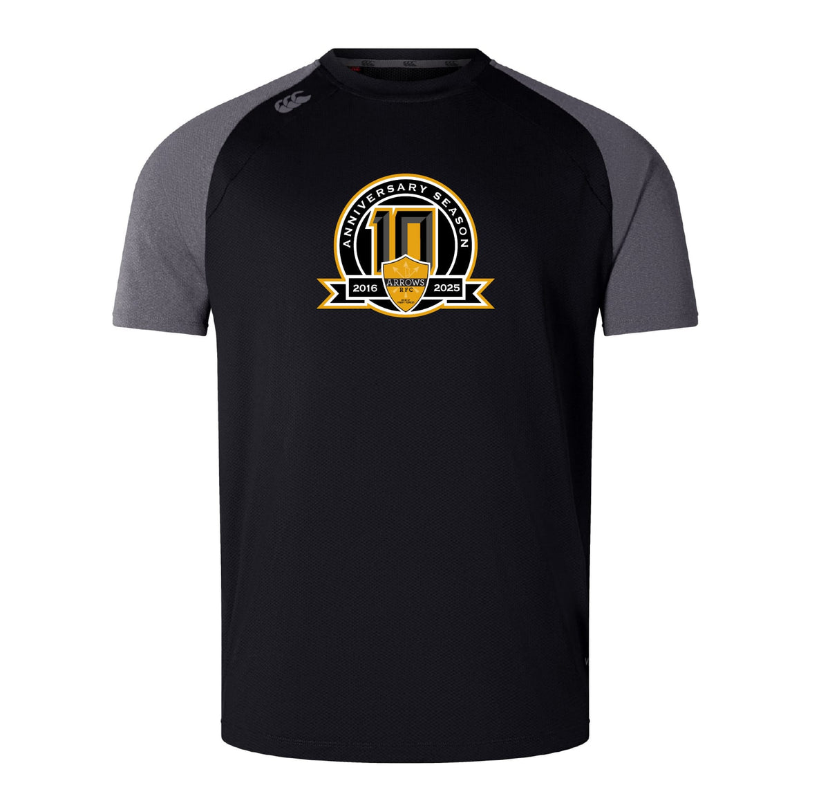 The Arrows Rugby Club 10th Anniversary Elite Training Tee by WRS Canterbury features a special crest with "2014-2023" on the front and is made from lightweight, durable Vapodri fabric for comfort.