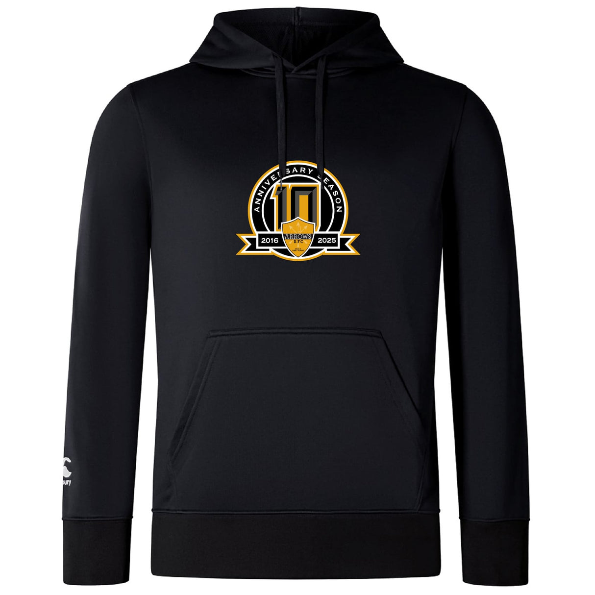 The Arrows Rugby Club 10th Anniversary Club Lightweight Hoodie by WRS Canterbury features a front logo with "Anniversary Season 2018-2023" and shield design, plus a small sleeve logo for comfort and style.