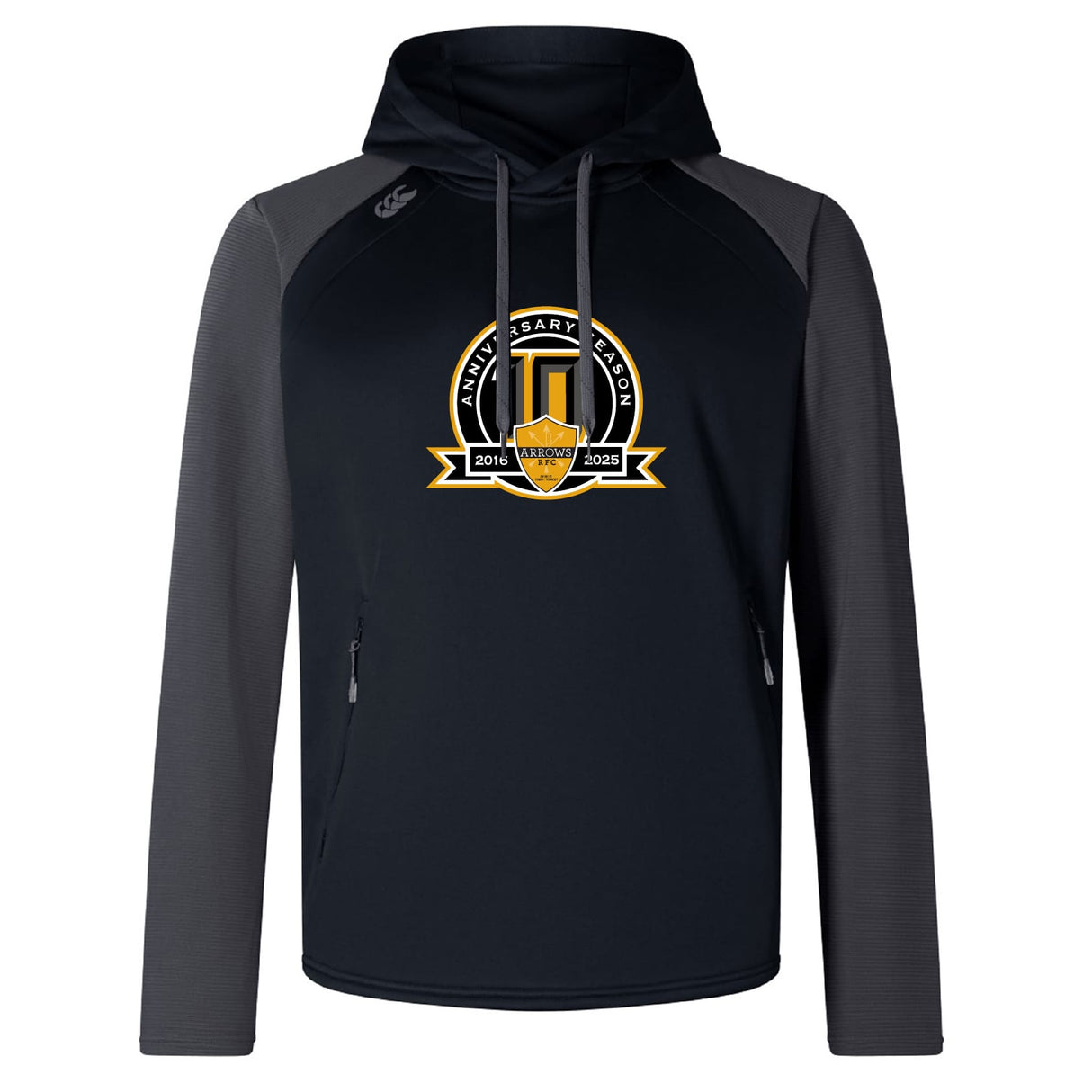 The Arrows Rugby Club 10th Anniversary Elite Training Hoody by WRS Canterbury features black and dark gray colors, a zippered pocket, and a gold/white "Anniversary Season 2016-2022" logo—ideal custom sportswear for any occasion.