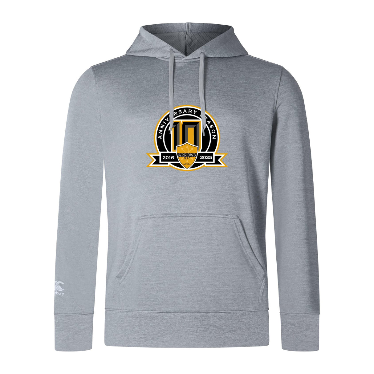 The Arrows Rugby Club 10th Anniversary Club Lightweight Hoodie by WRS Canterbury features a light gray design with a black, gold, and white 2016-2023 anniversary logo on the front center.