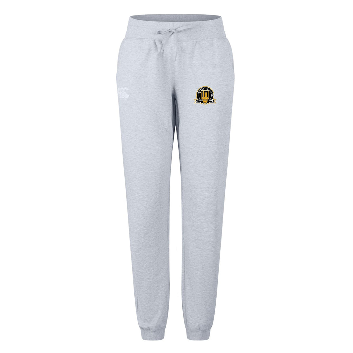 The Arrows Rugby Club 10th Anniversary Women's Leisure Sweatpant by EMB Canterbury features light gray fabric, a drawstring waist, cuffed ankles, and a small embroidered Canterbury logo on the upper left thigh.