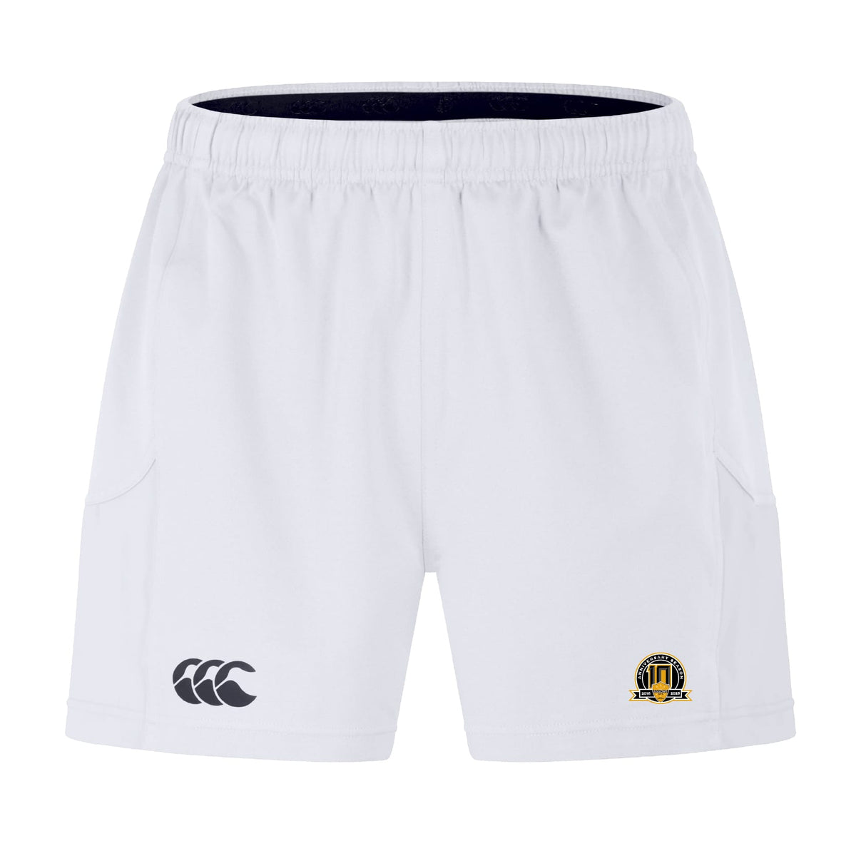 Arrows Rugby Club 10th Anniversary Advantage Short 2.0 by EMB Canterbury features an elastic waistband, a black Canterbury logo on the left leg, and a yellow and black embroidered crest on the right—a smart, sustainable sportswear choice.