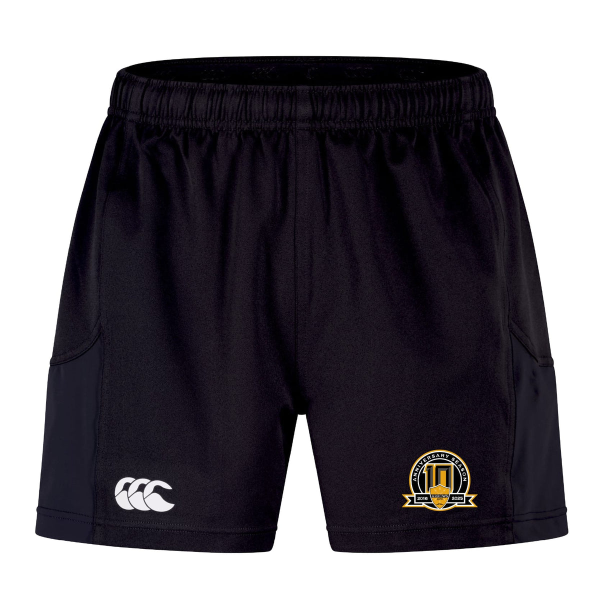The Arrows Rugby Club 10th Anniversary Advantage Short 2.0 by EMB Canterbury features an elastic waistband, white Canterbury logo on the left leg, and a gold-and-black crest on the right—perfect sustainable sportswear for athletes.