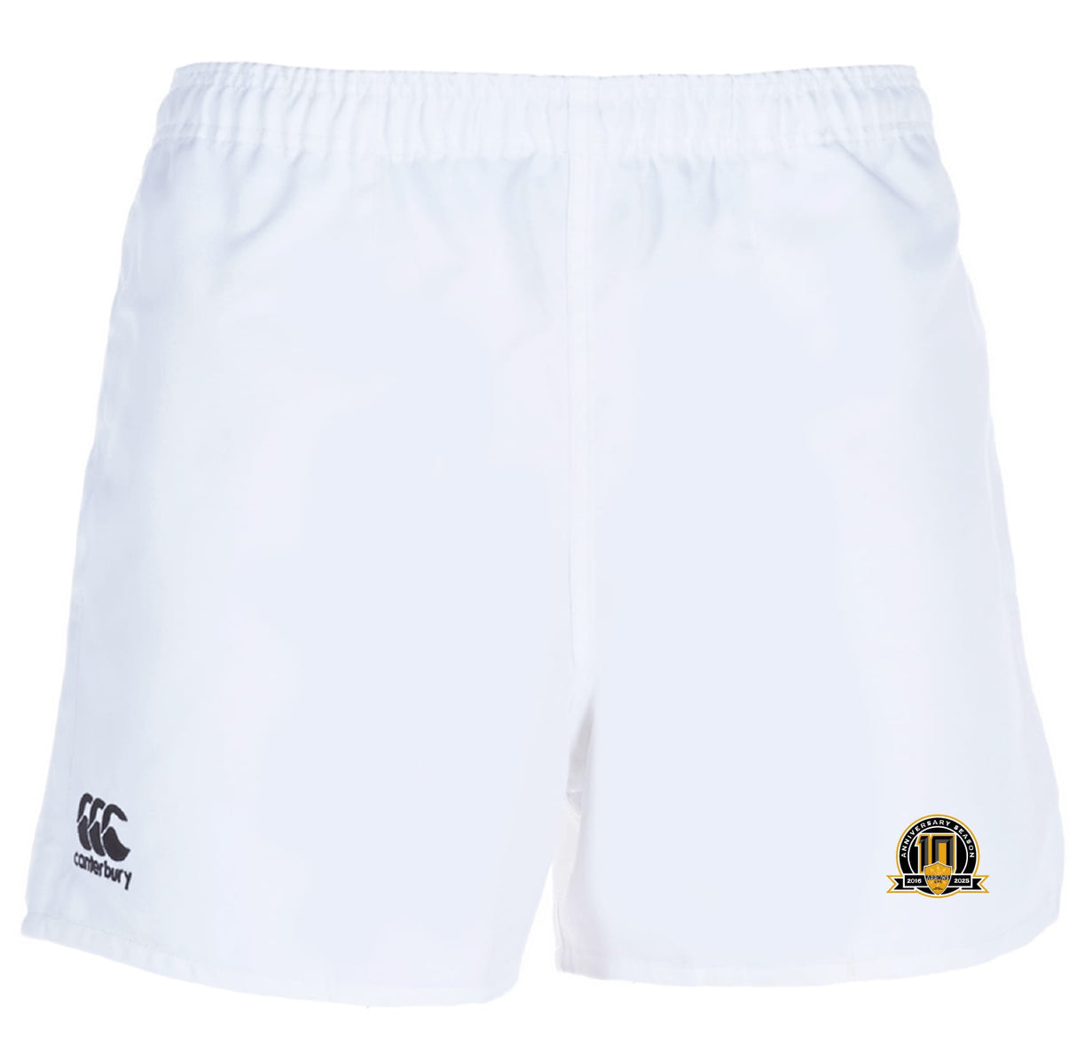 The Arrows Rugby Club 10th Anniversary Advantage Rugby Shorts by EMB Canterbury feature an elastic waistband, moisture-wicking fabric, the Canterbury logo on the left leg, and a circular emblem on the right.