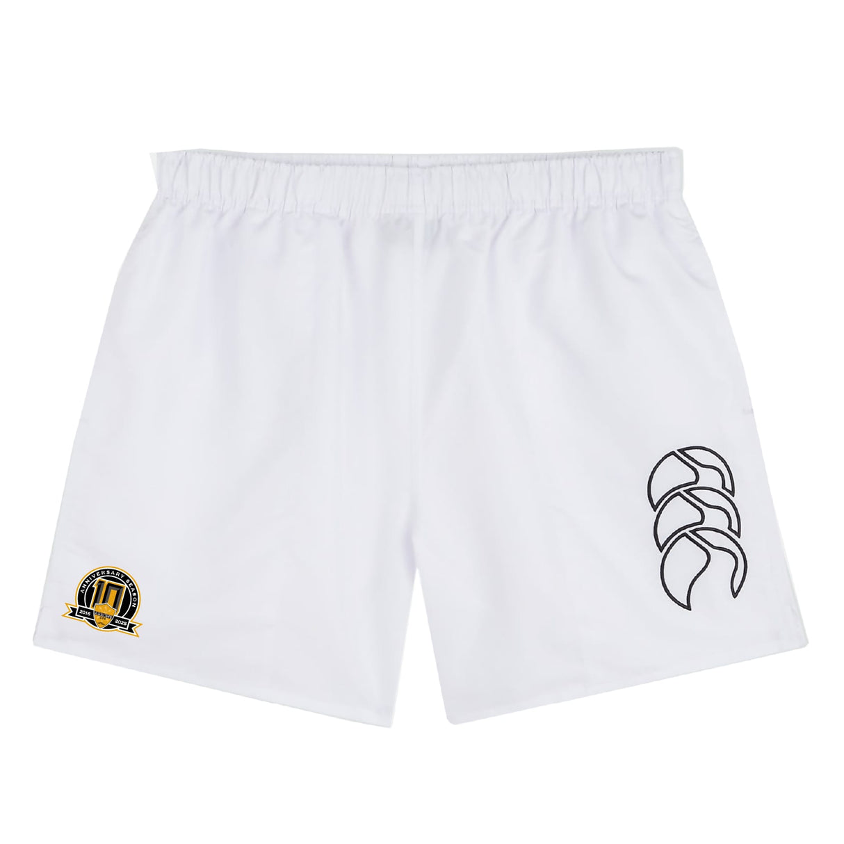 The Arrows Rugby Club 10th Anniversary Tactic Short by EMB Canterbury features an elastic waistband, a black abstract logo on the right leg, and a multicolored emblem on the left—ideal for men’s rugby or Canterbury shorts fans.