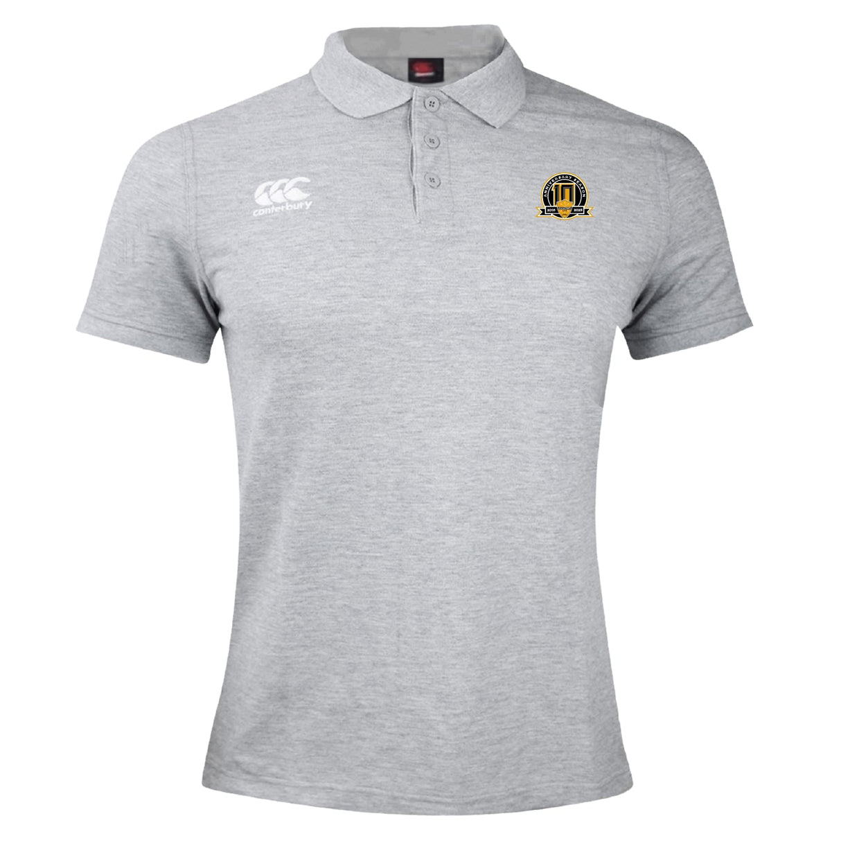 Light grey Arrows Rugby Club 10th Anniversary Waimak Polo by EMB Canterbury, featuring a two-button placket, Canterbury logo on the right chest, and a circular yellow-detailed emblem on the left—a classic rugby style.
