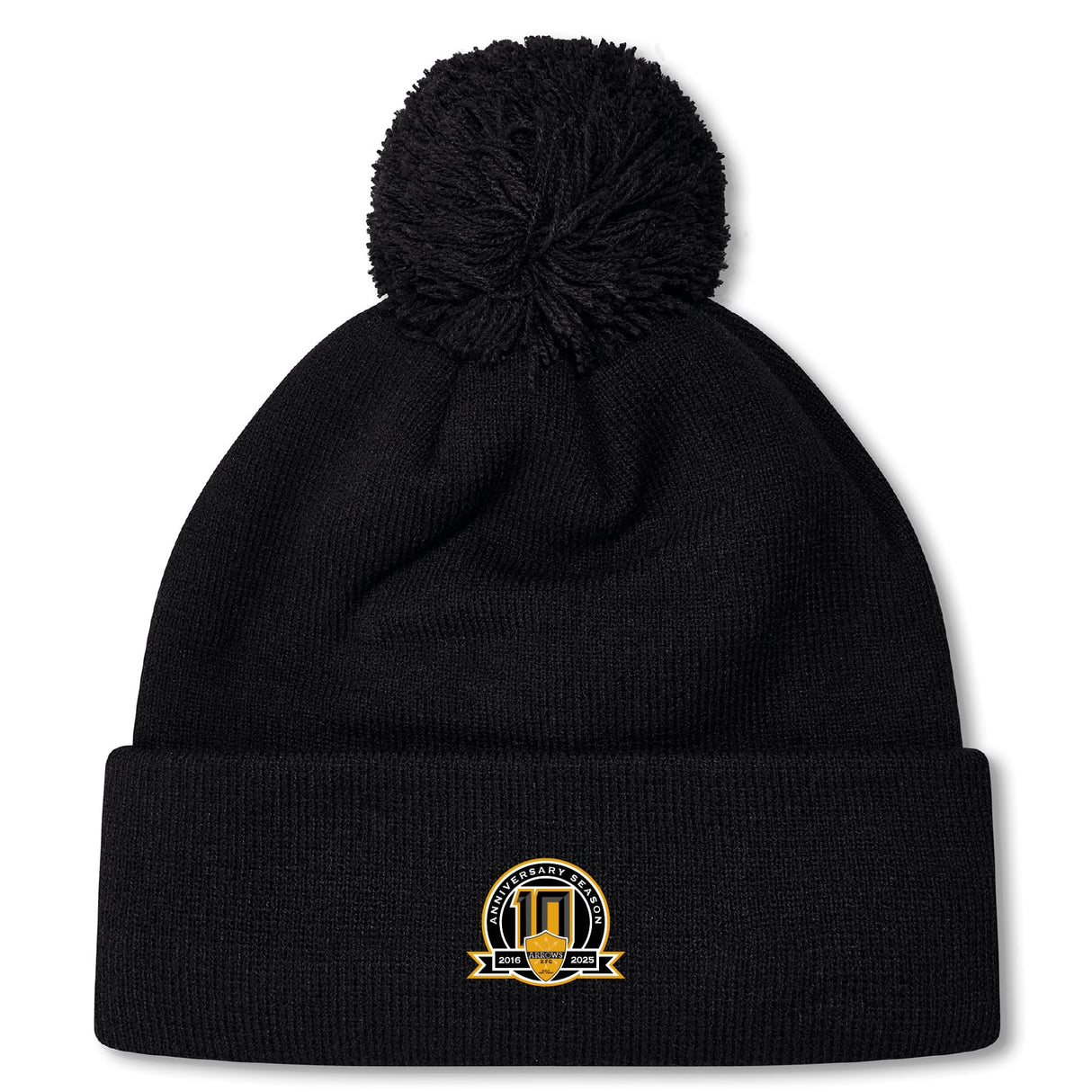 Stay warm on chilly match days with the Arrows Rugby Club 10th Anniversary Pom Pom Beanie by EMB Canterbury—a black knit, fleece-lined hat featuring a gold and black logo patch and cozy pom-pom.