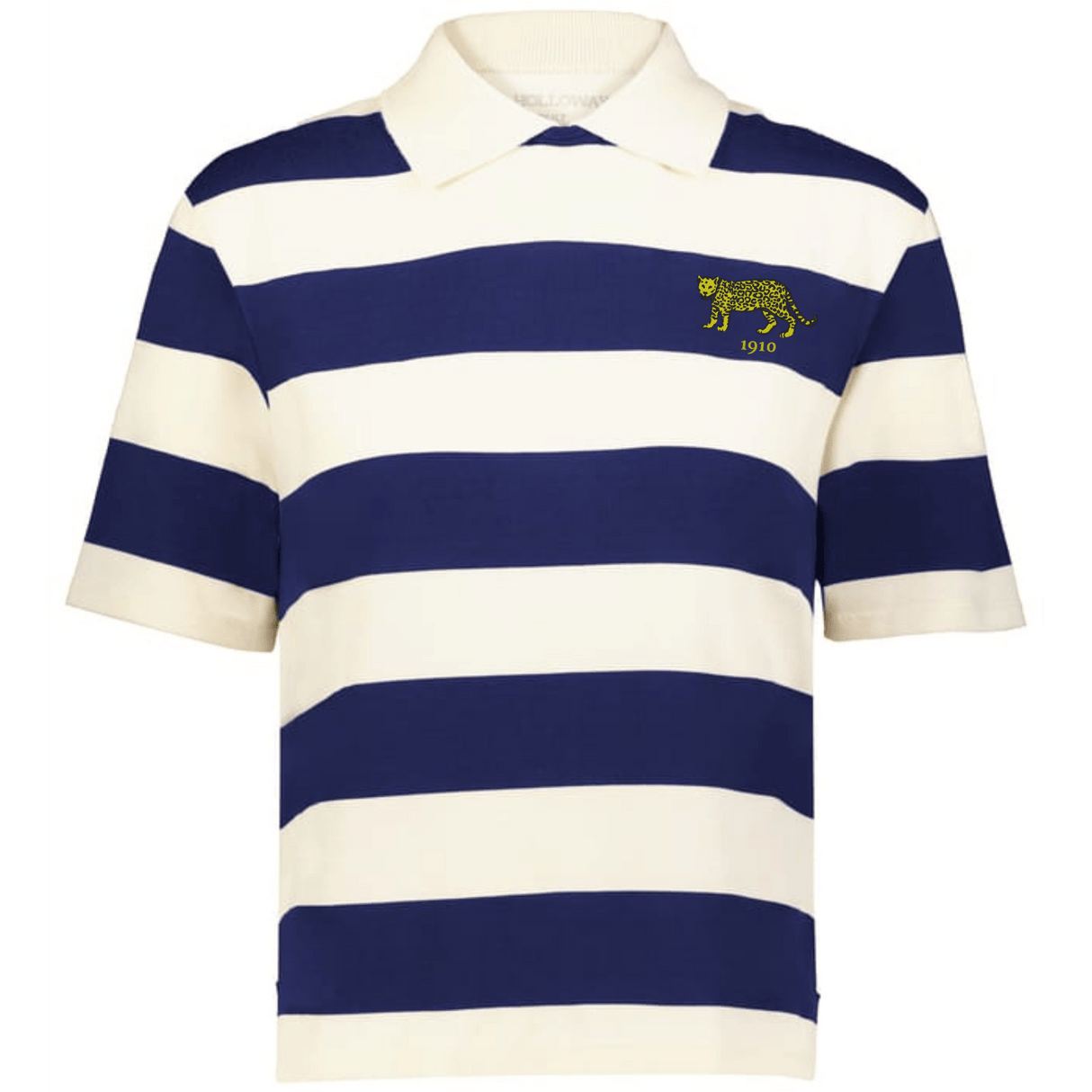 The EMB Augusta Women's Vintage Argentina Prep Street Rugby Crop is a short-sleeve collared tee with wide navy and white stripes, plus an embroidered yellow cheetah and "1910" on the left chest.