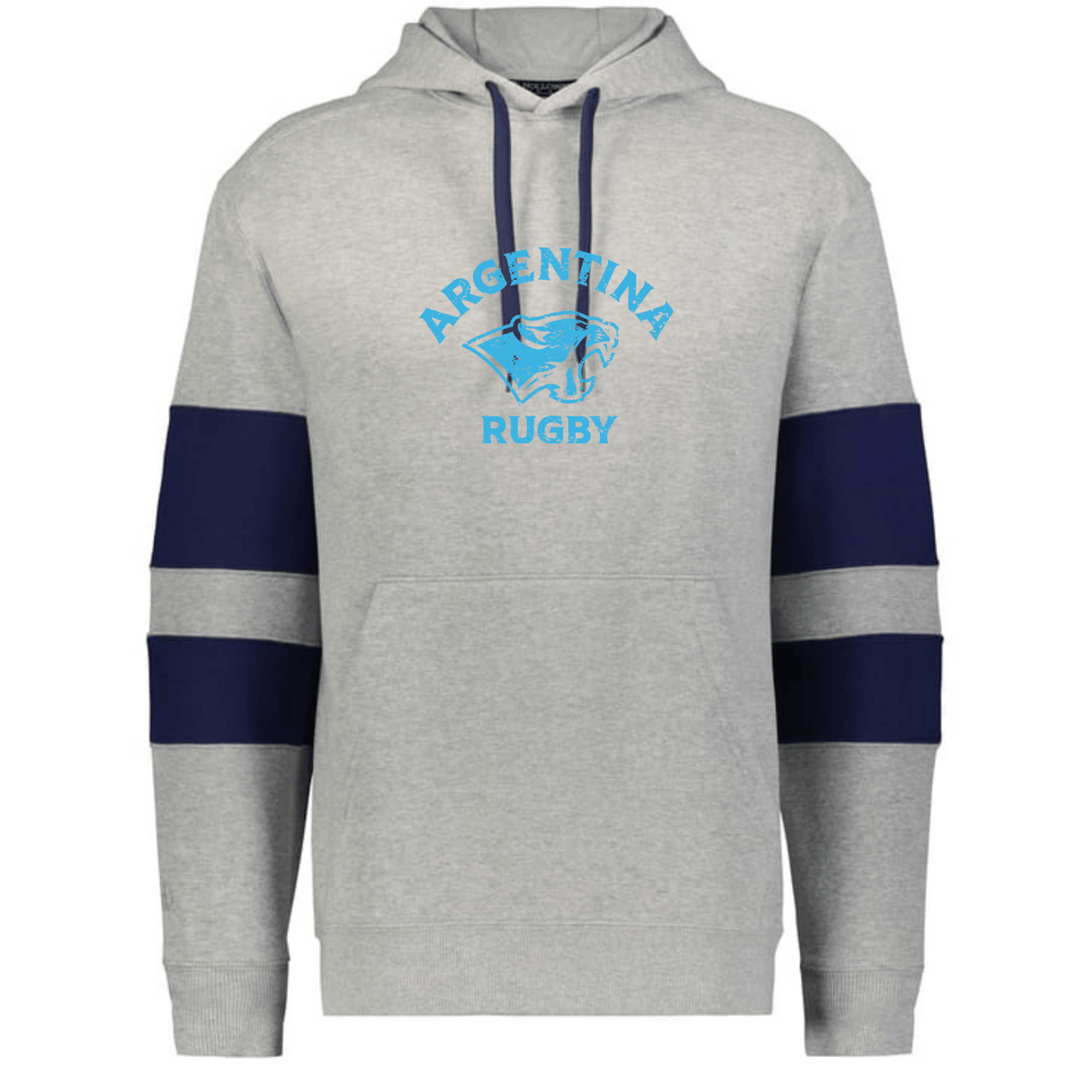The WRS Augusta Nations of Rugby Argentina Jackson Way Hoodie is light grey with navy sleeve stripes and a bold blue "Argentina Rugby" logo with a jaguar head on the chest.